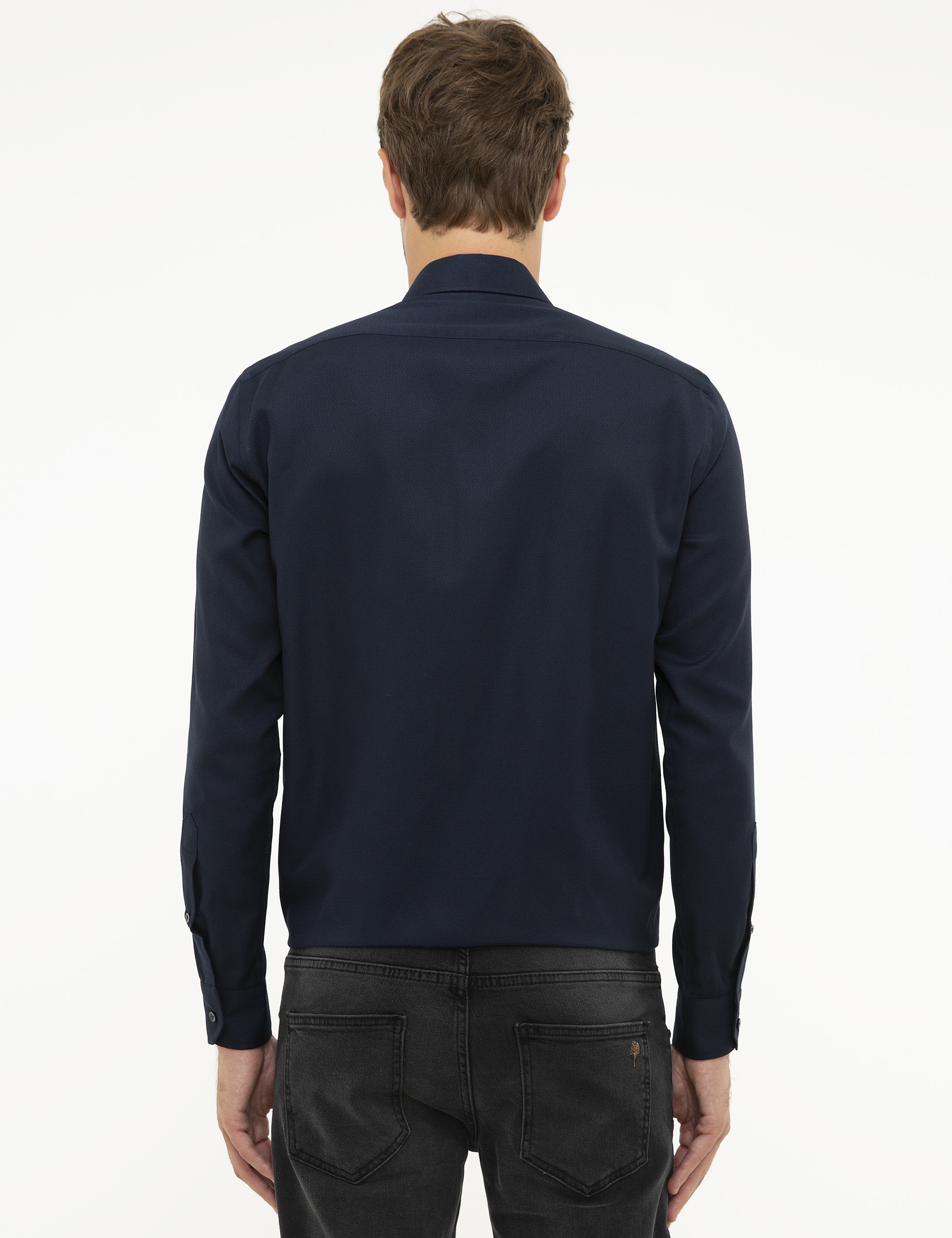 Lacivert Slim Fit Armürlü Gömlek - Image 3
