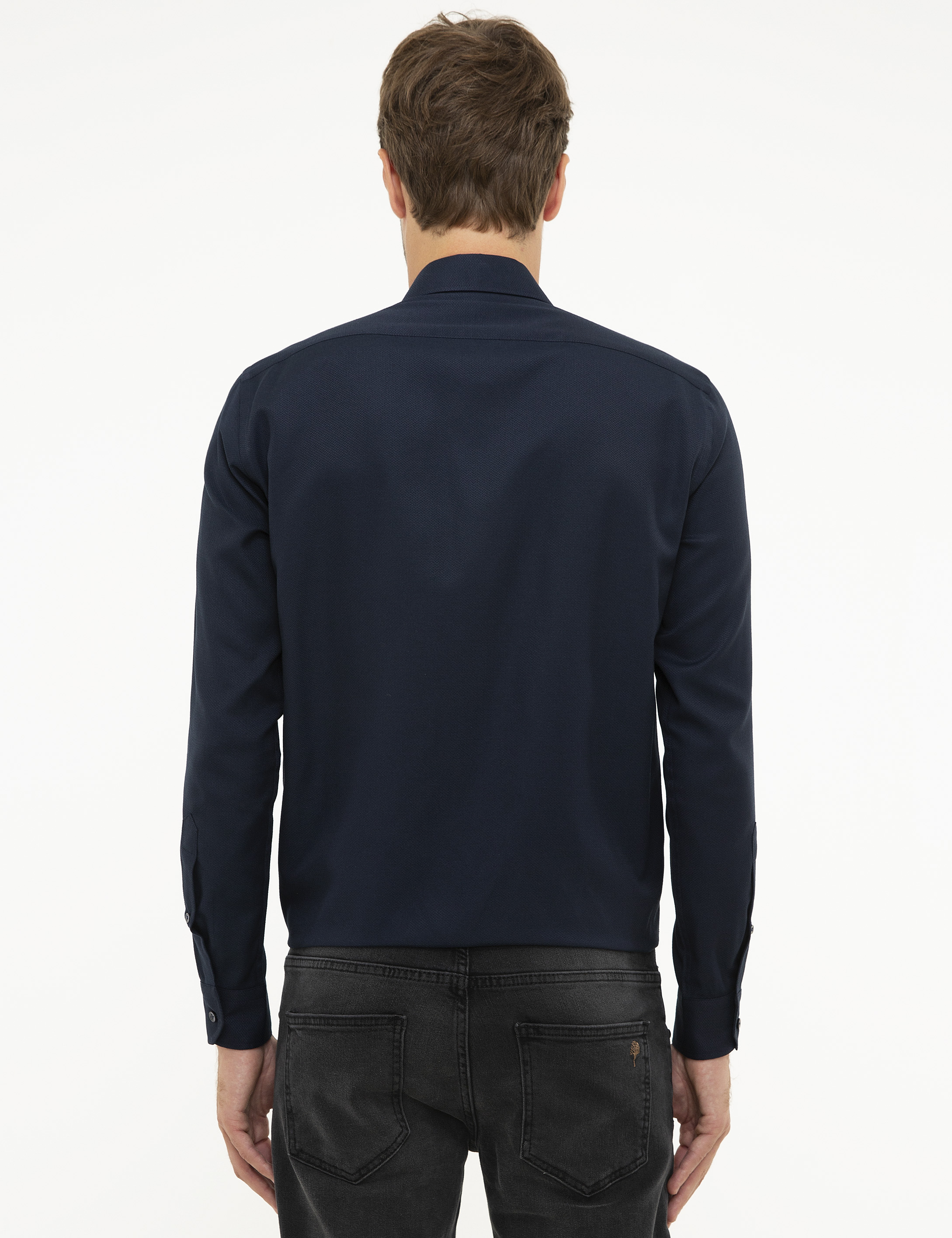 Lacivert Slim Fit Armürlü Gömlek