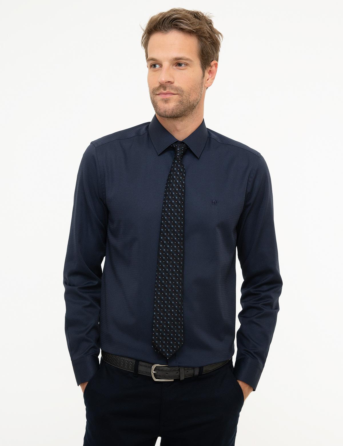 Lacivert Slim Fit Armürlü Gömlek