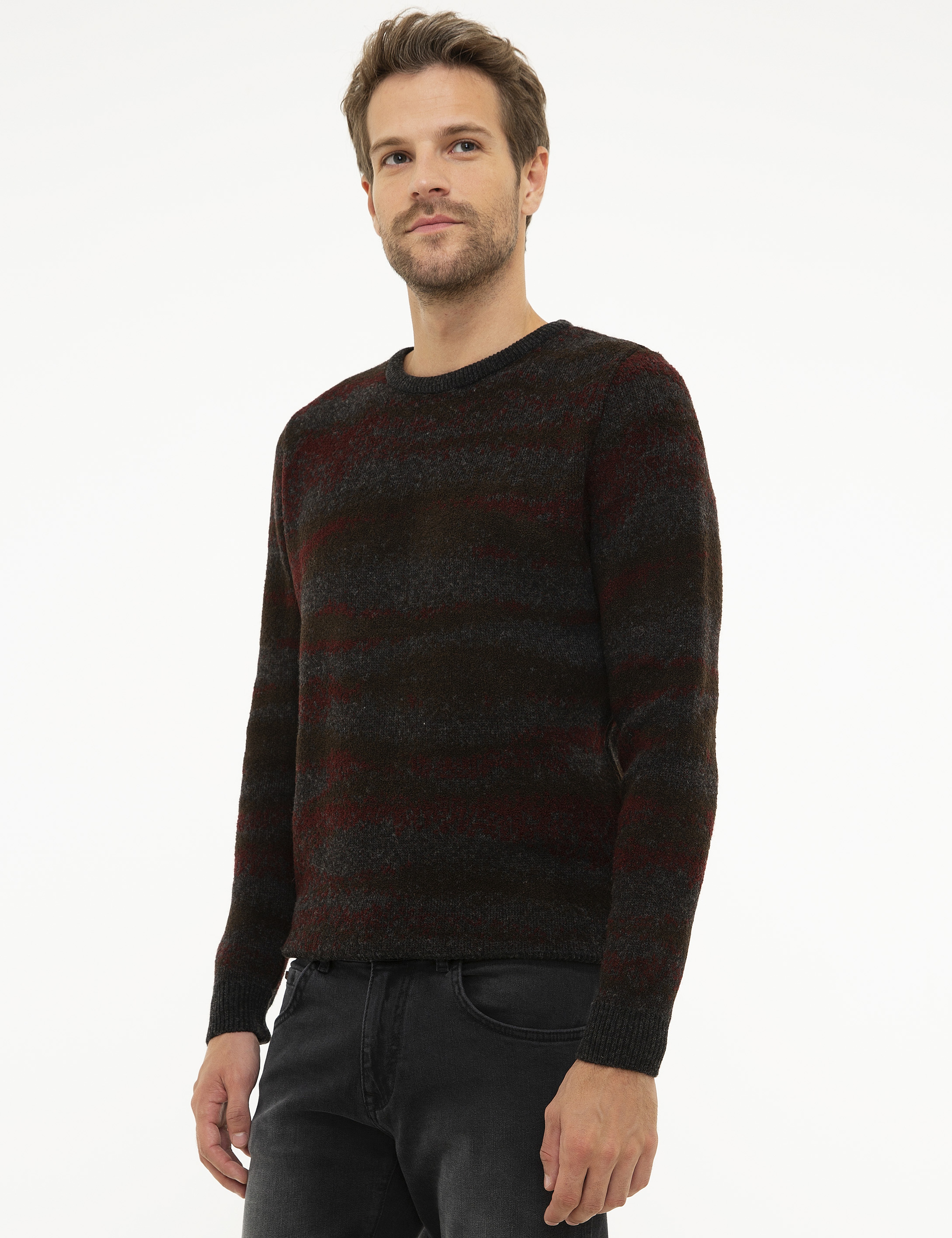 Bordo Slim Fit Bisiklet Yaka Triko Kazak - Image 3