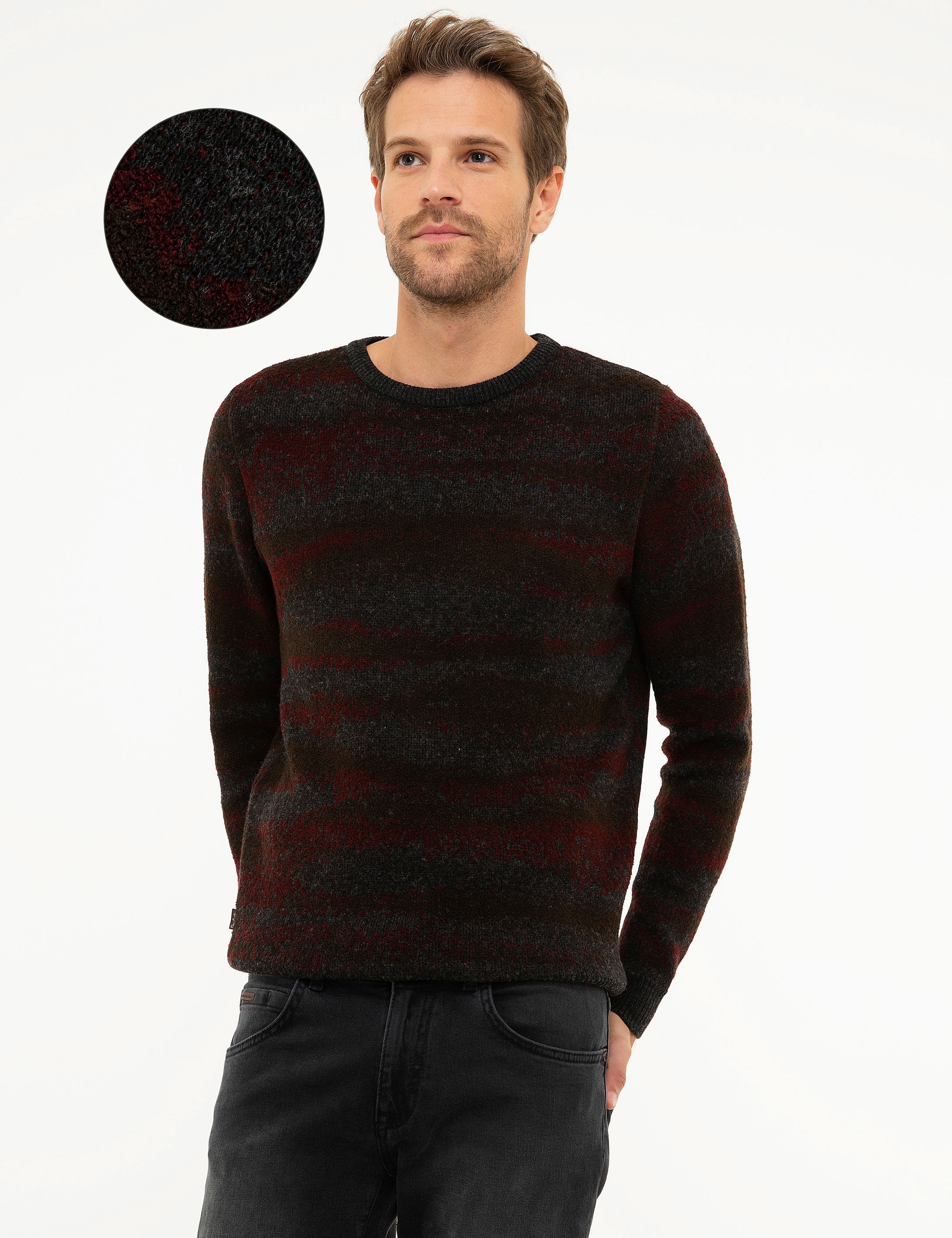 Bordo Slim Fit Bisiklet Yaka Triko Kazak
