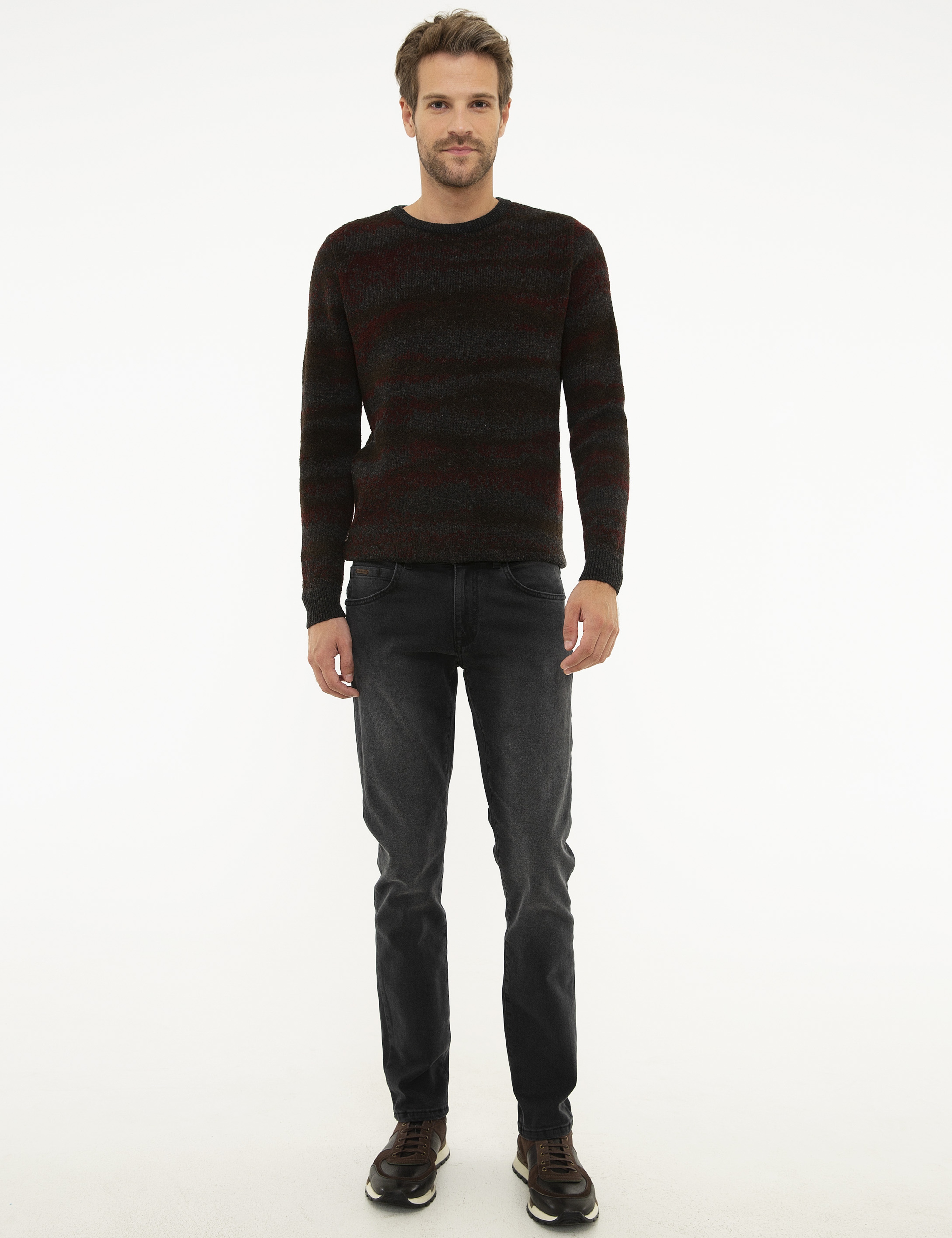 Bordo Slim Fit Bisiklet Yaka Triko Kazak - Image 5