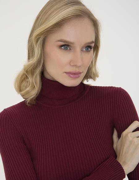 Bordo Slim Fit Balıkçı Yaka Triko Kazak - 50210396008