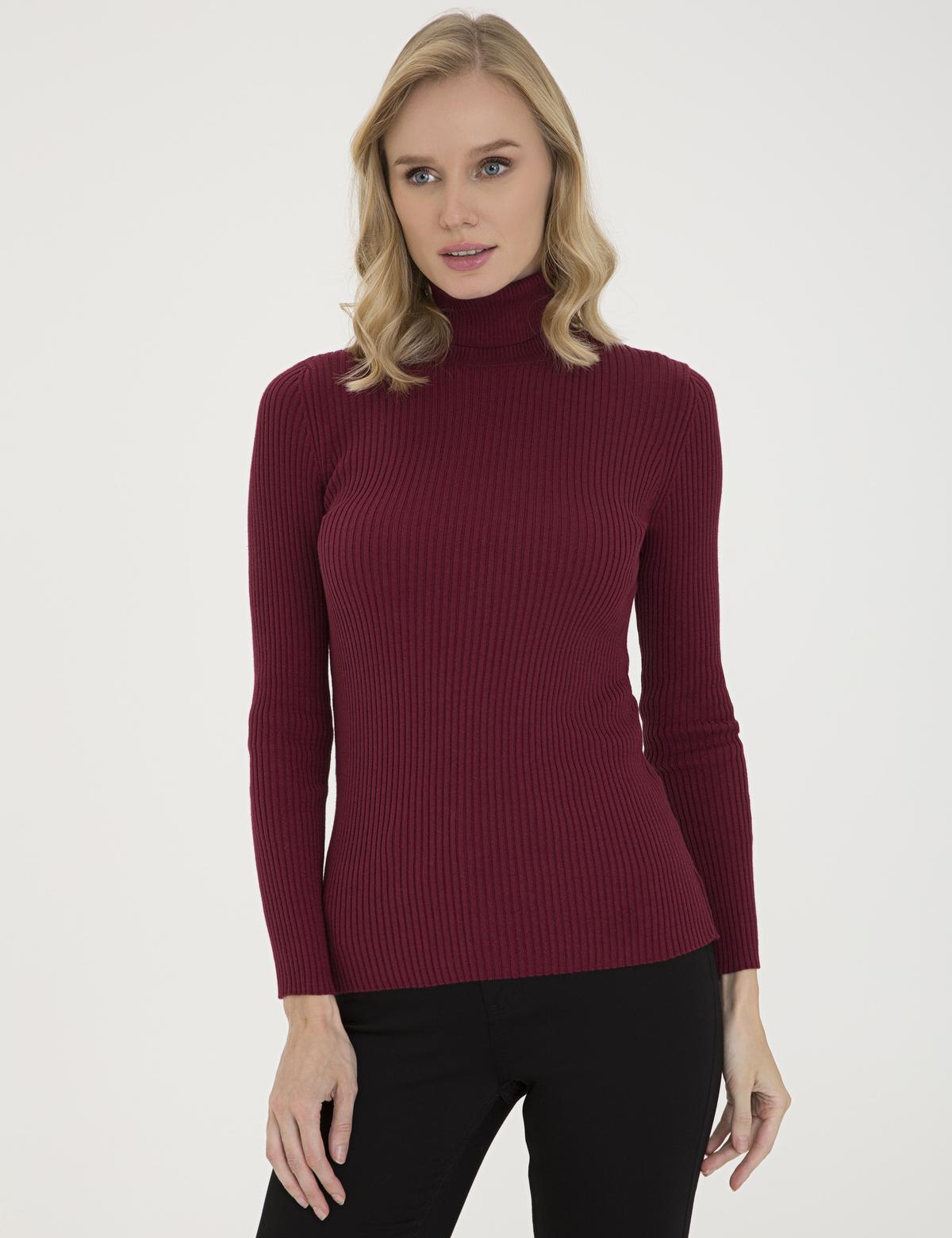 Bordo Slim Fit Balıkçı Yaka Triko Kazak