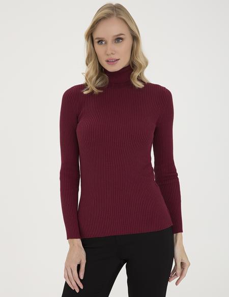 Bordo Slim Fit Balıkçı Yaka Triko Kazak - 50210396008