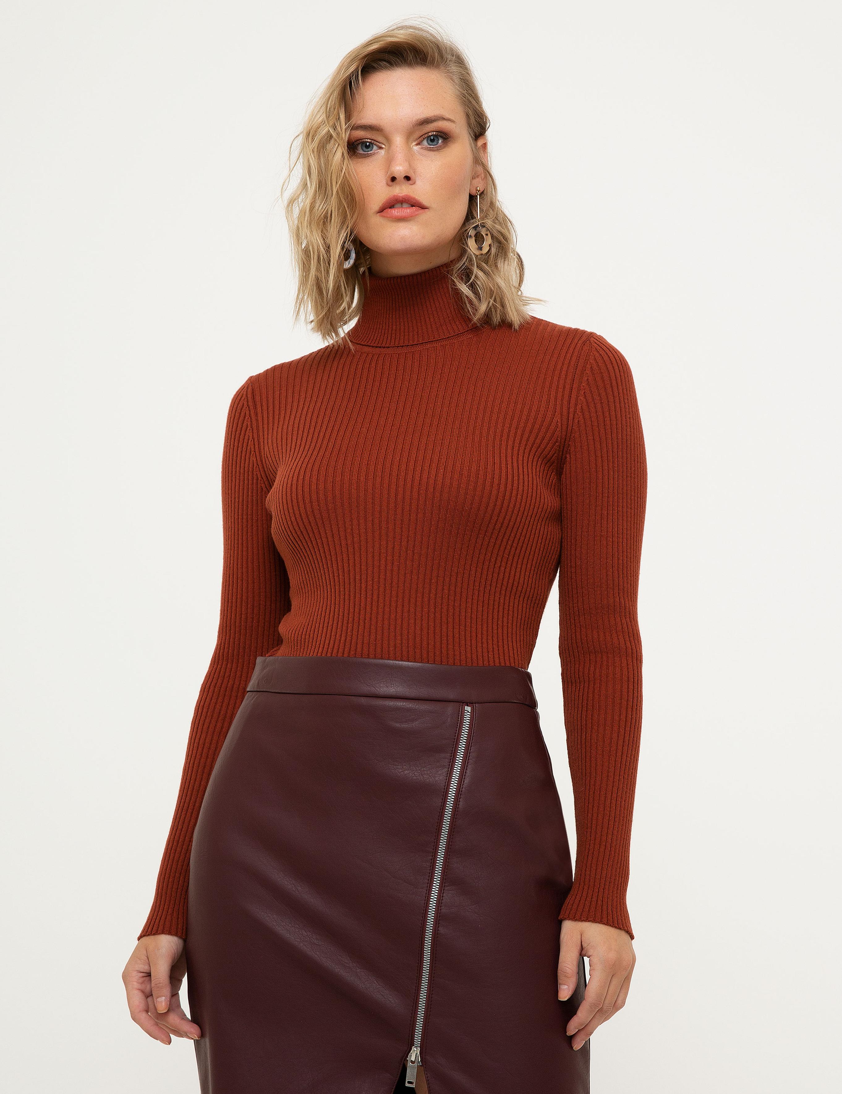 Kiremit Slim Fit Balıkçı Yaka Triko Kazak