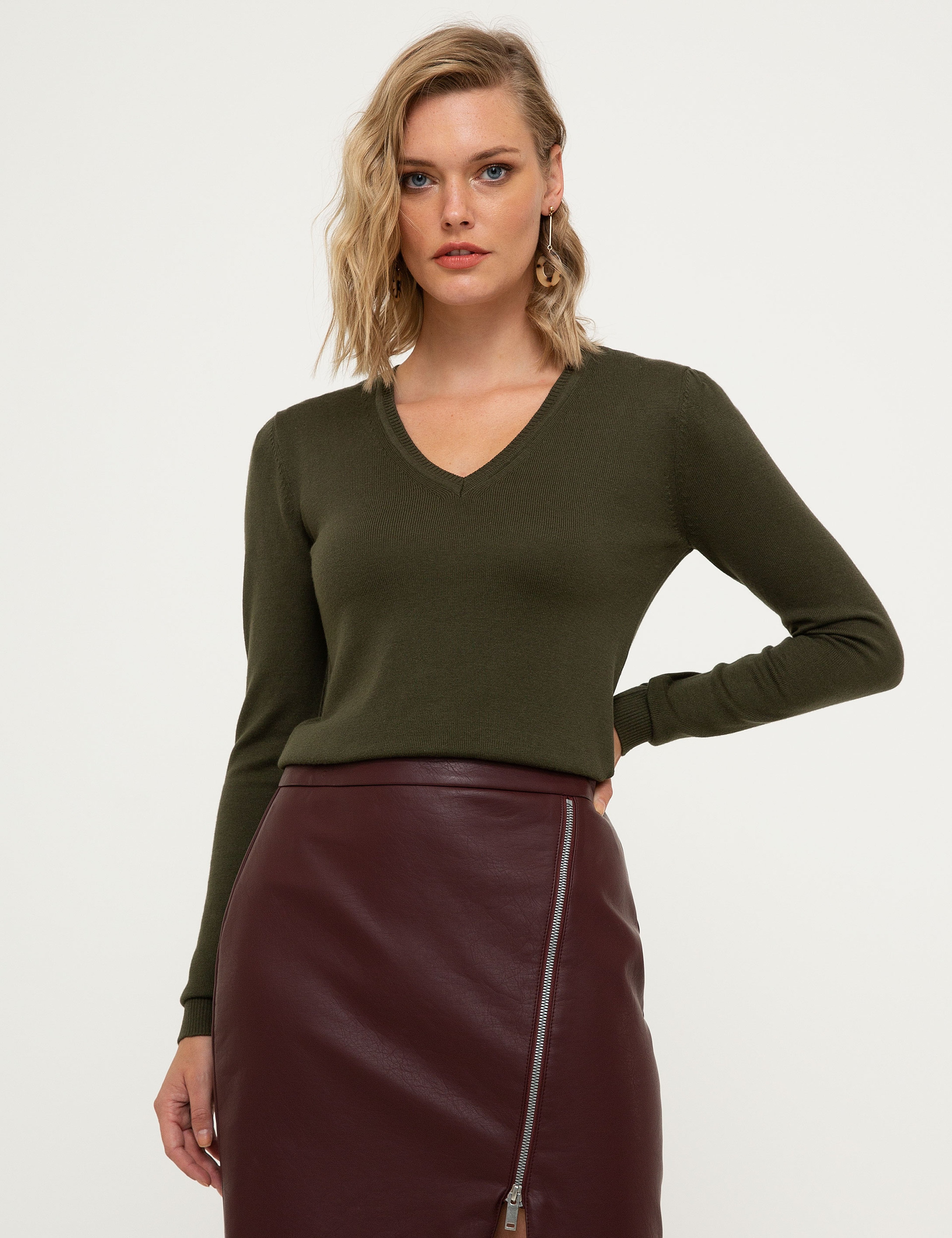 Haki Slim Fit Kazak - Image 1