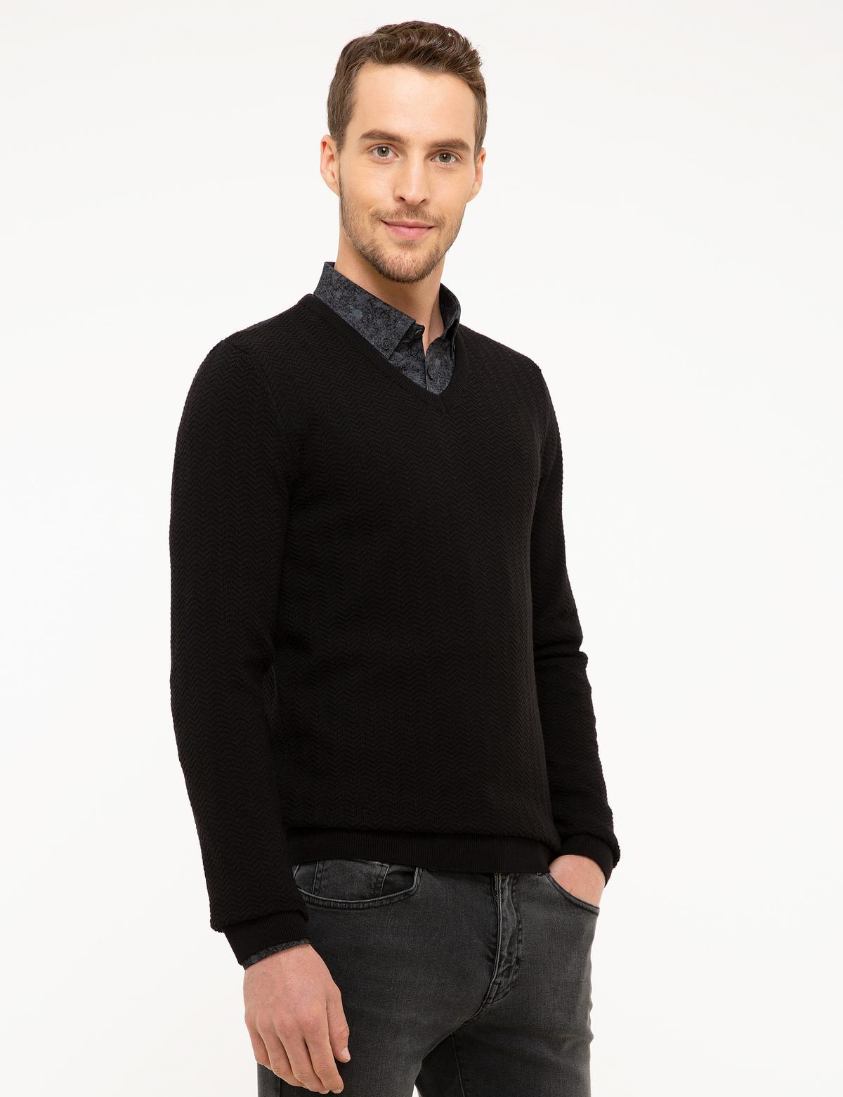 Siyah Slim Fit V Yaka Triko Kazak - 50210687014