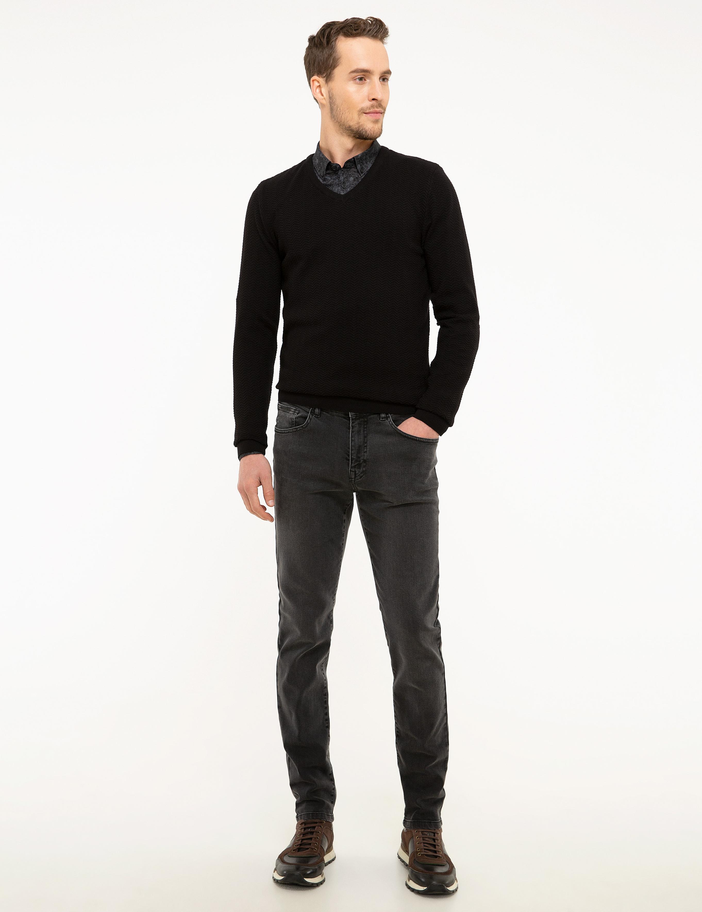 Siyah Slim Fit V Yaka Triko Kazak