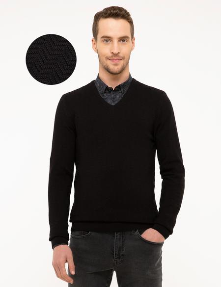 Siyah Slim Fit V Yaka Triko Kazak - 50210687014