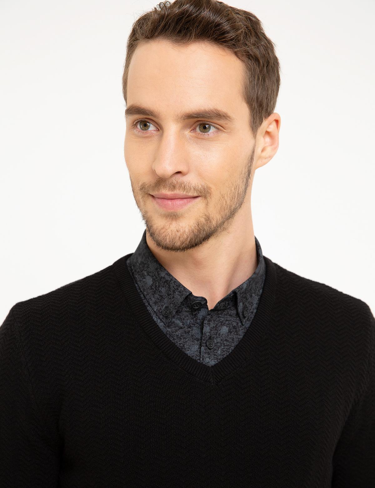 Siyah Slim Fit V Yaka Triko Kazak - 50210687014