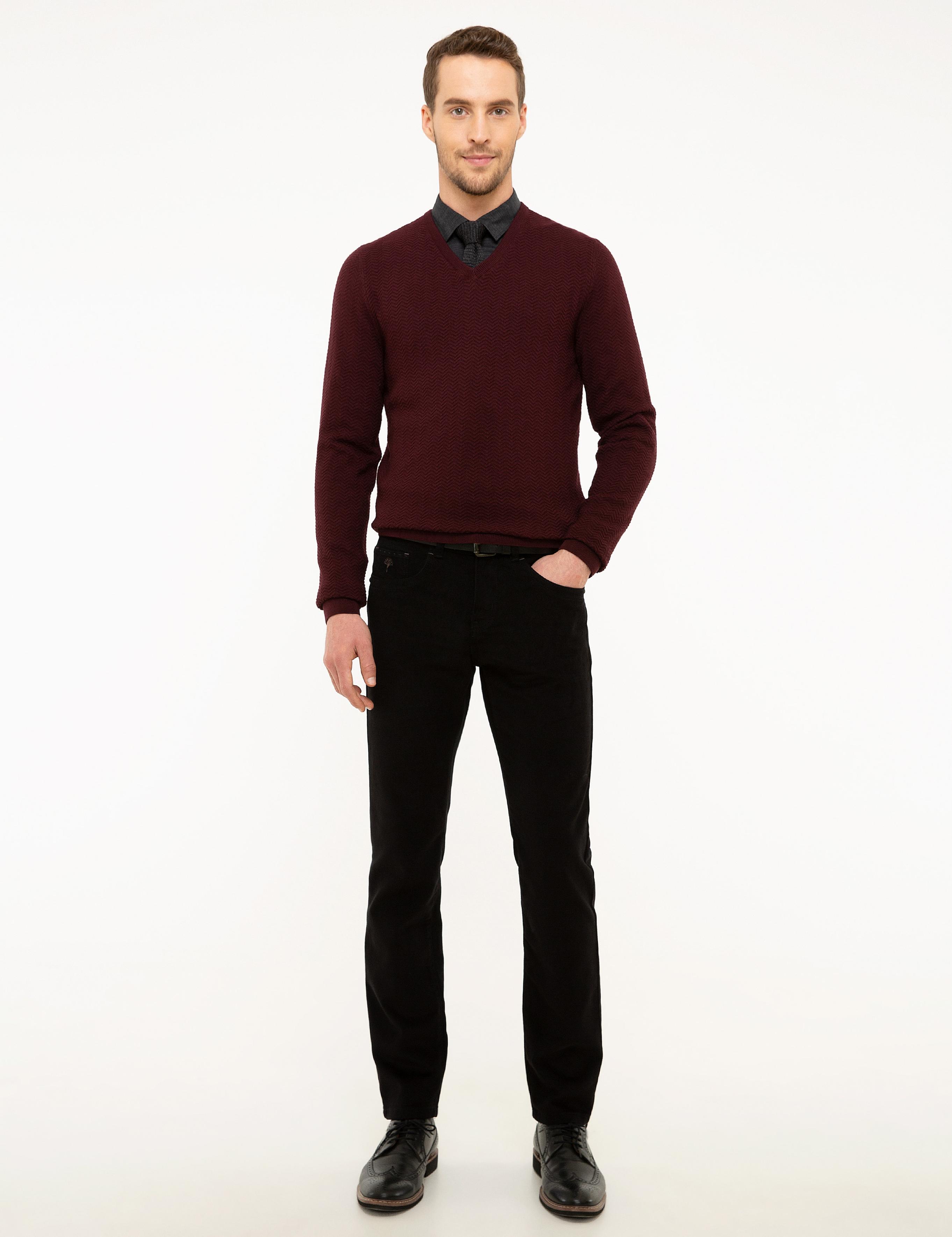 Bordo Slim Fit V Yaka Triko Kazak