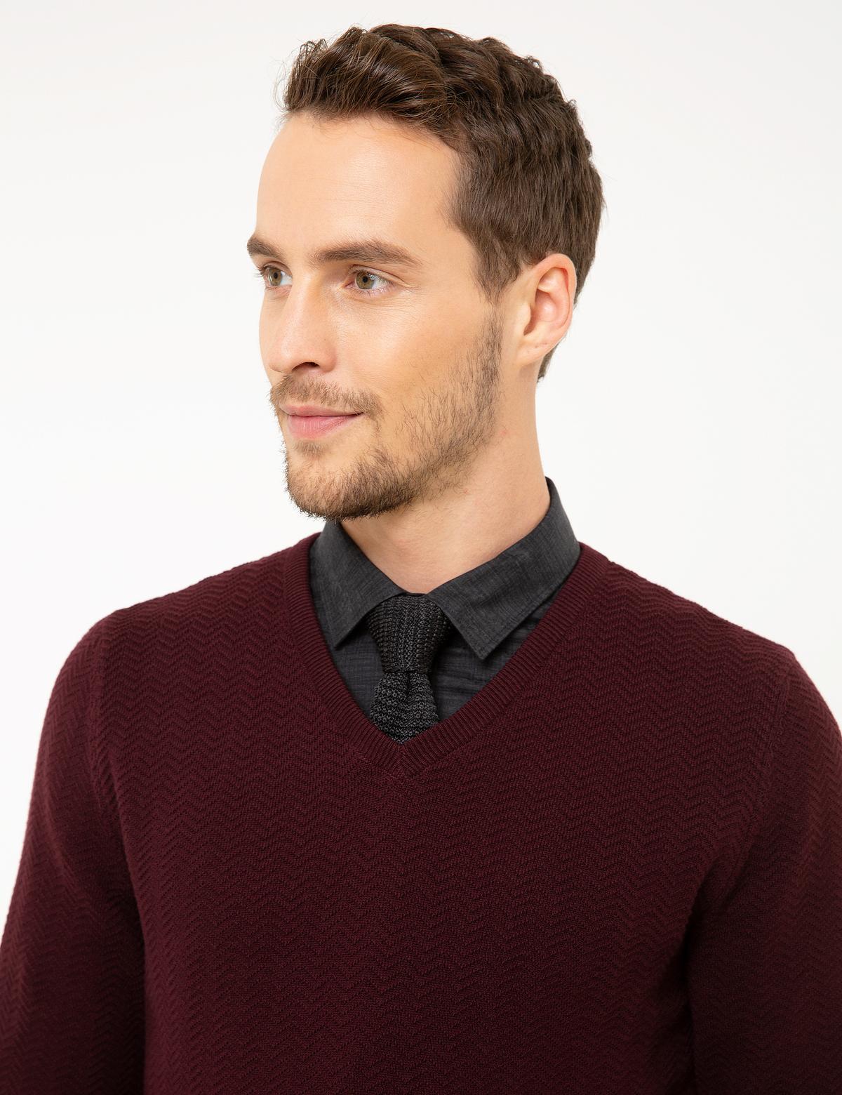 Bordo Slim Fit V Yaka Triko Kazak - 50210687034