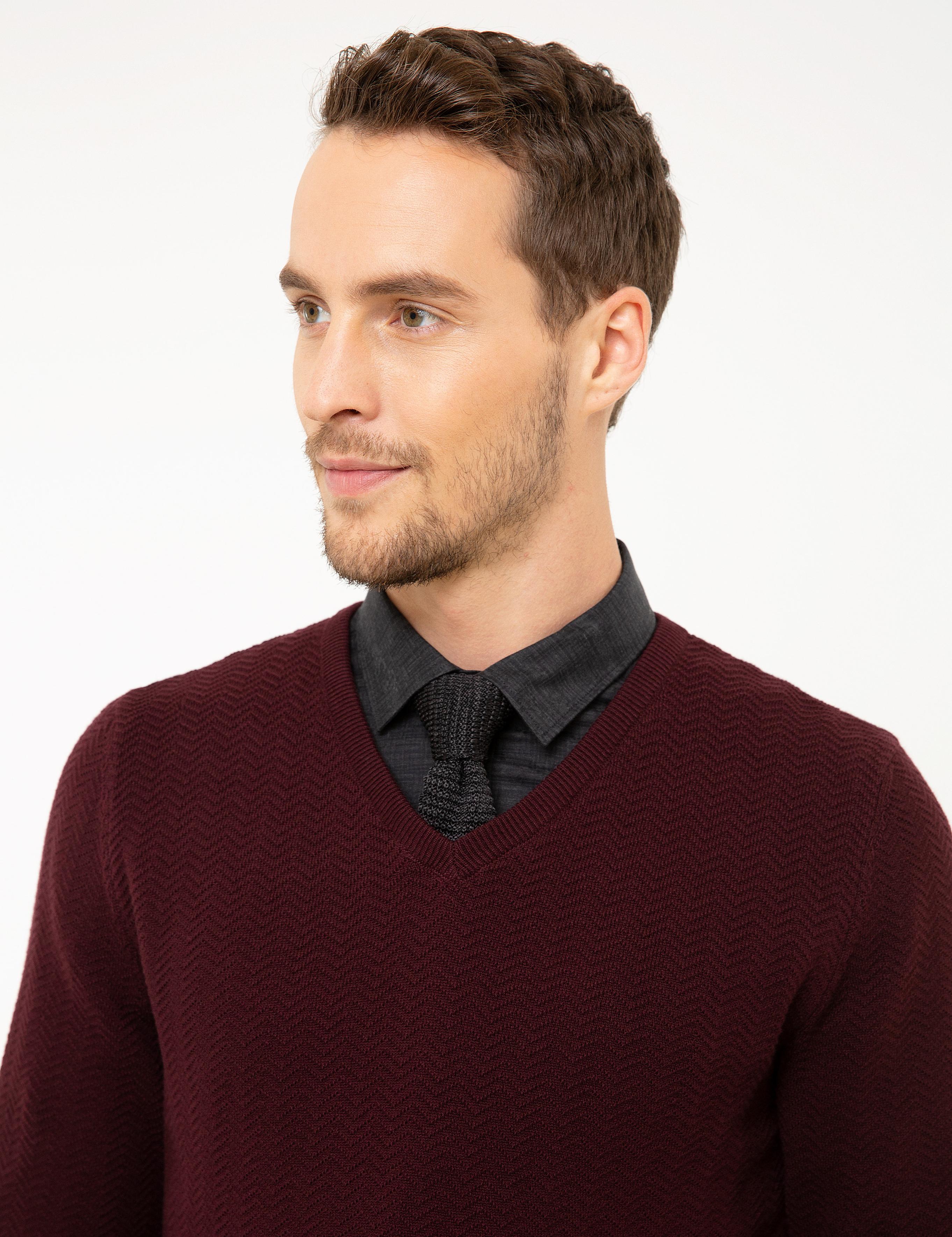 Bordo Slim Fit V Yaka Triko Kazak