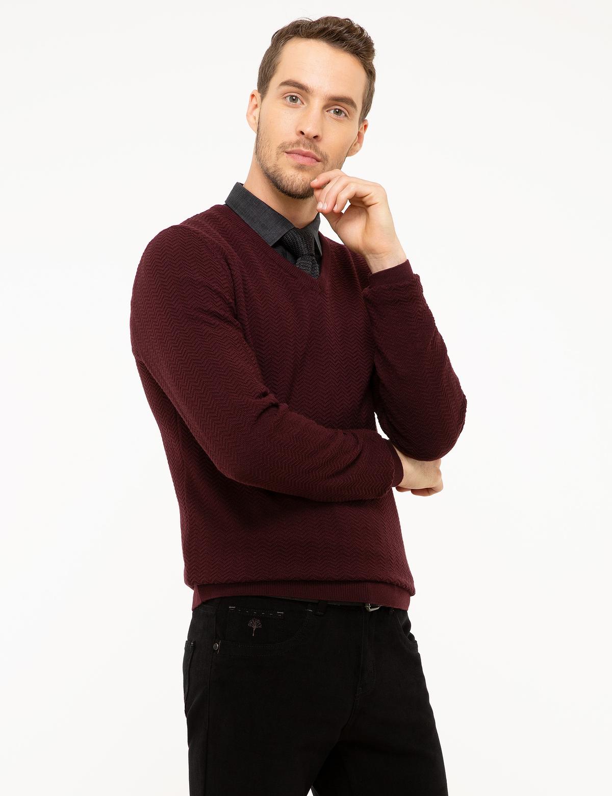 Bordo Slim Fit V Yaka Triko Kazak - 50210687034