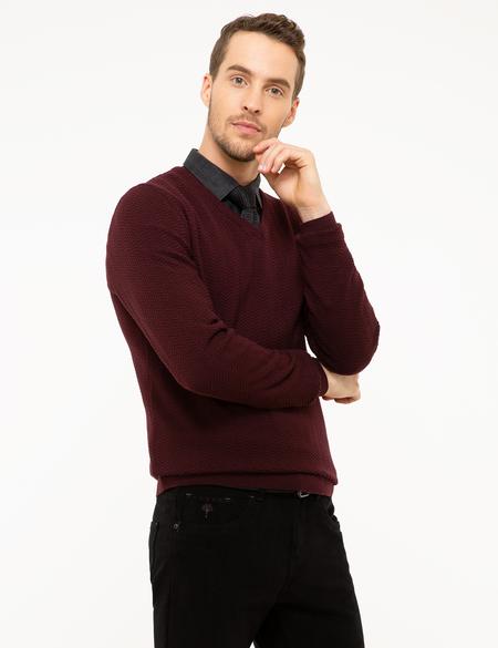 Bordo Slim Fit V Yaka Triko Kazak - 50210687034