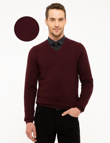 Bordo Slim Fit V Yaka Triko Kazak - 50210687034