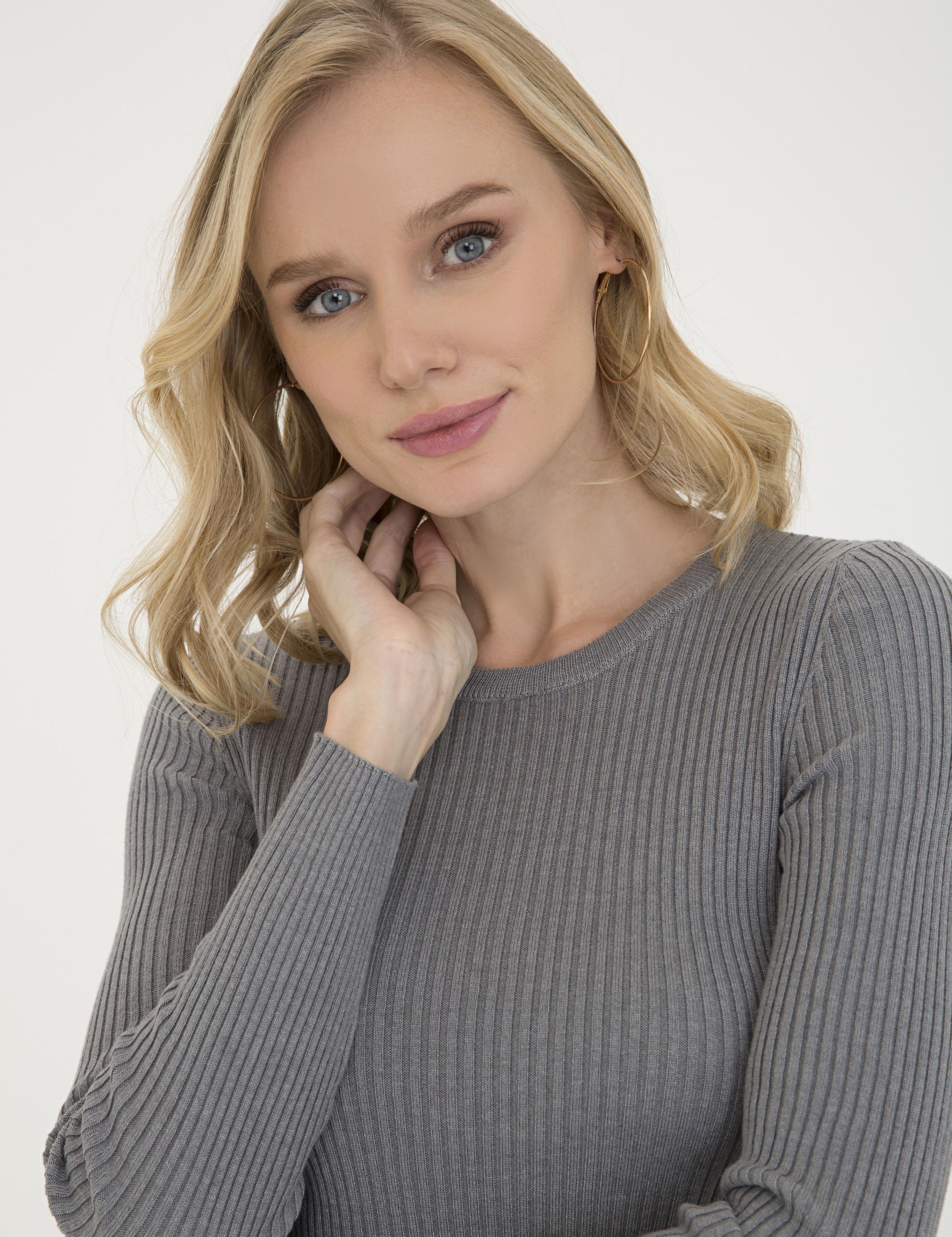 Açık Gri Slim Fit Bisiklet Yaka Kazak