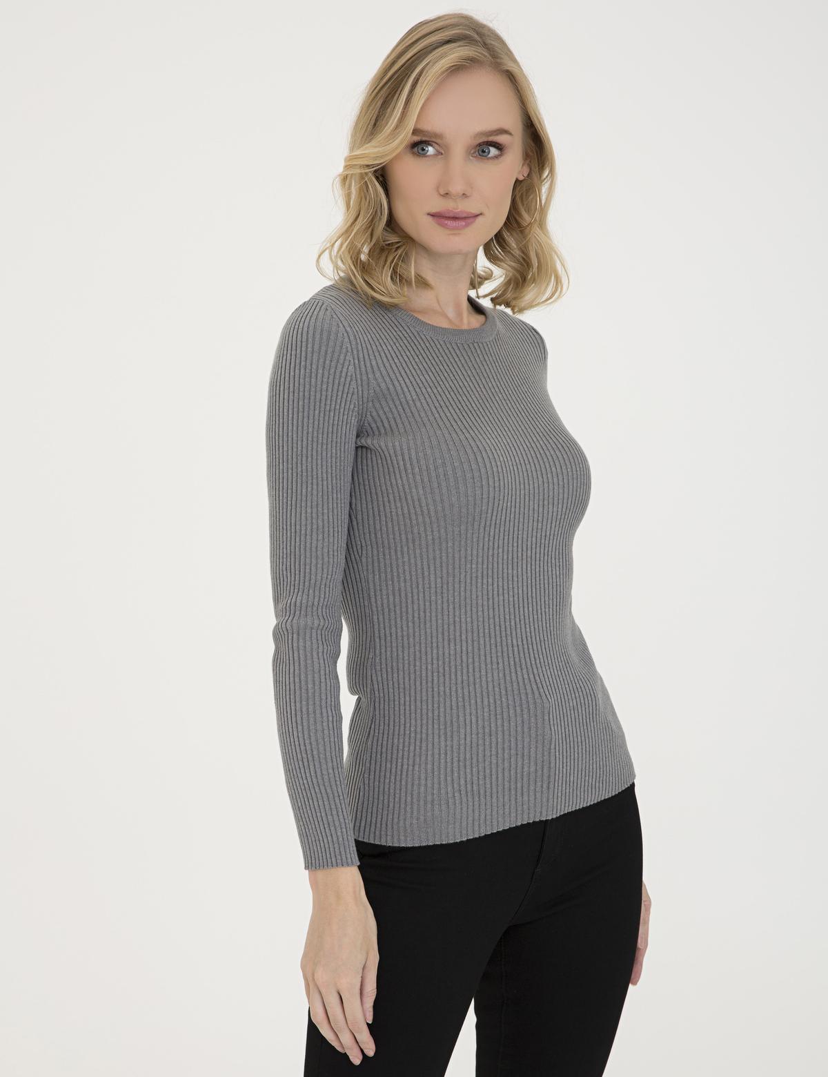 Açık Gri Slim Fit Bisiklet Yaka Kazak - 50210397026