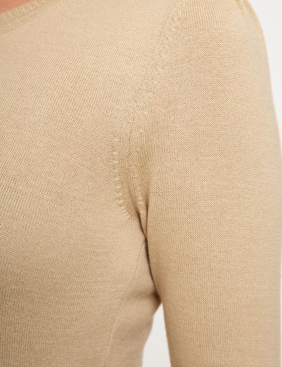 Bej Slim Fit Bisiklet Yaka Kazak