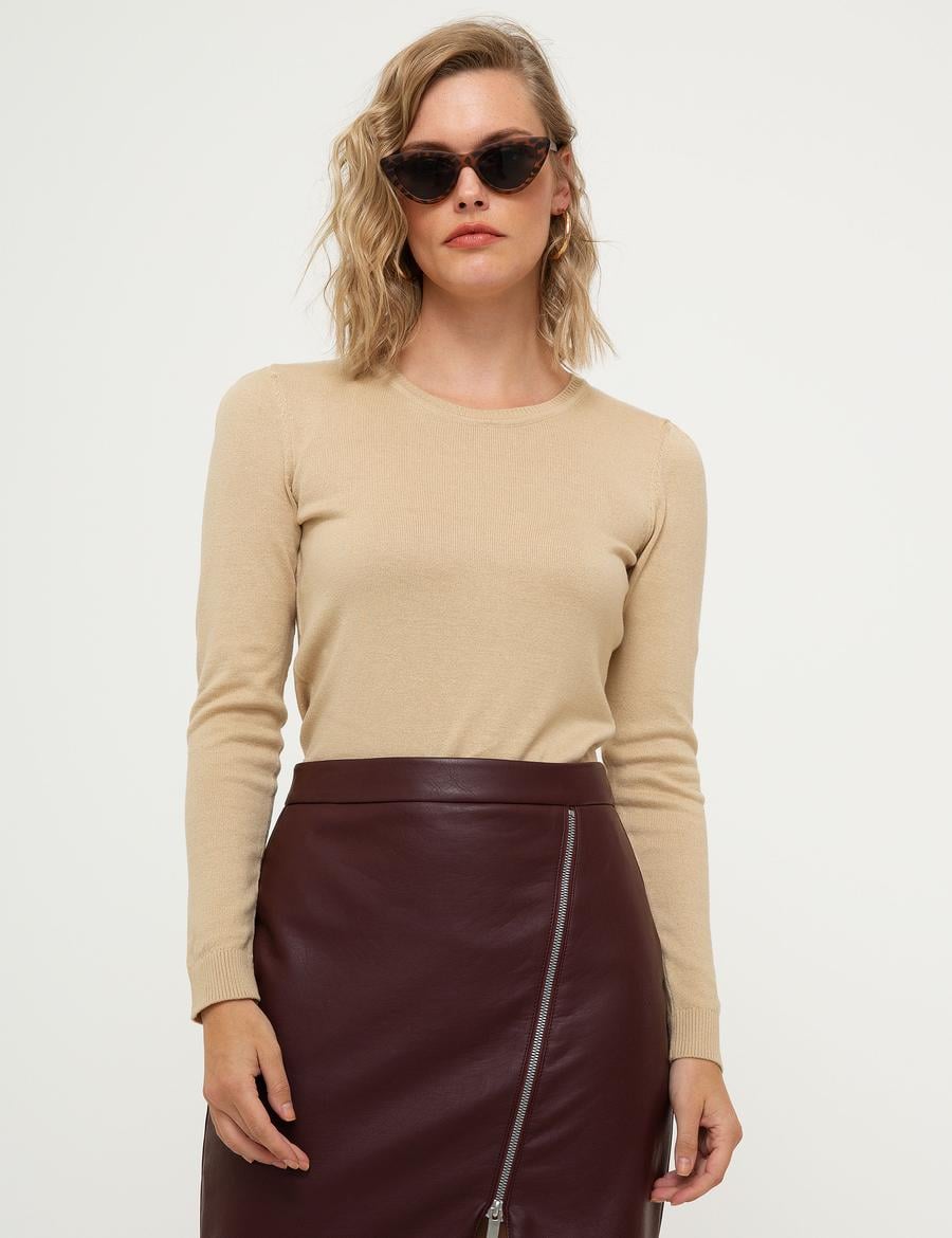 Bej Slim Fit Bisiklet Yaka Kazak