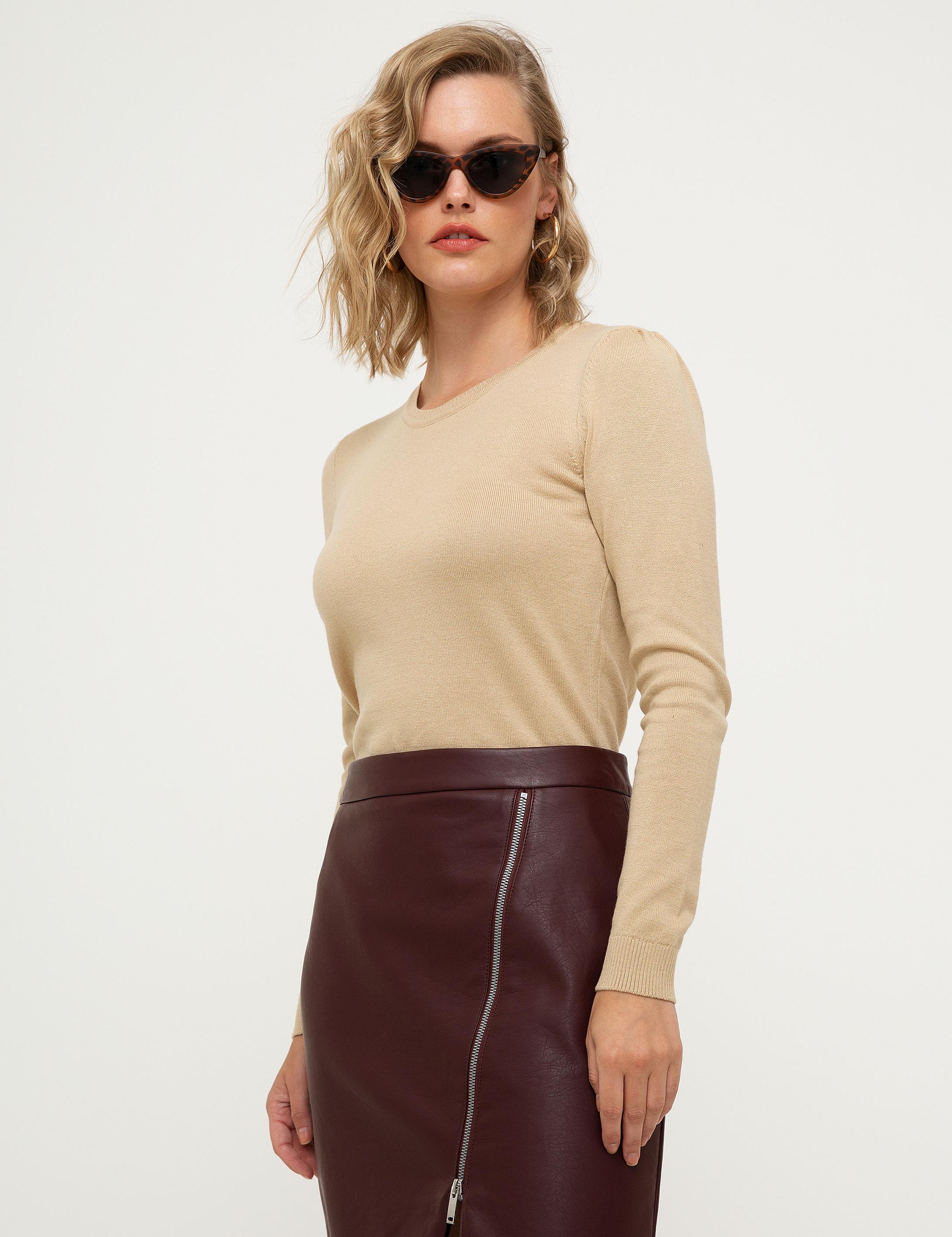 Bej Slim Fit Bisiklet Yaka Kazak