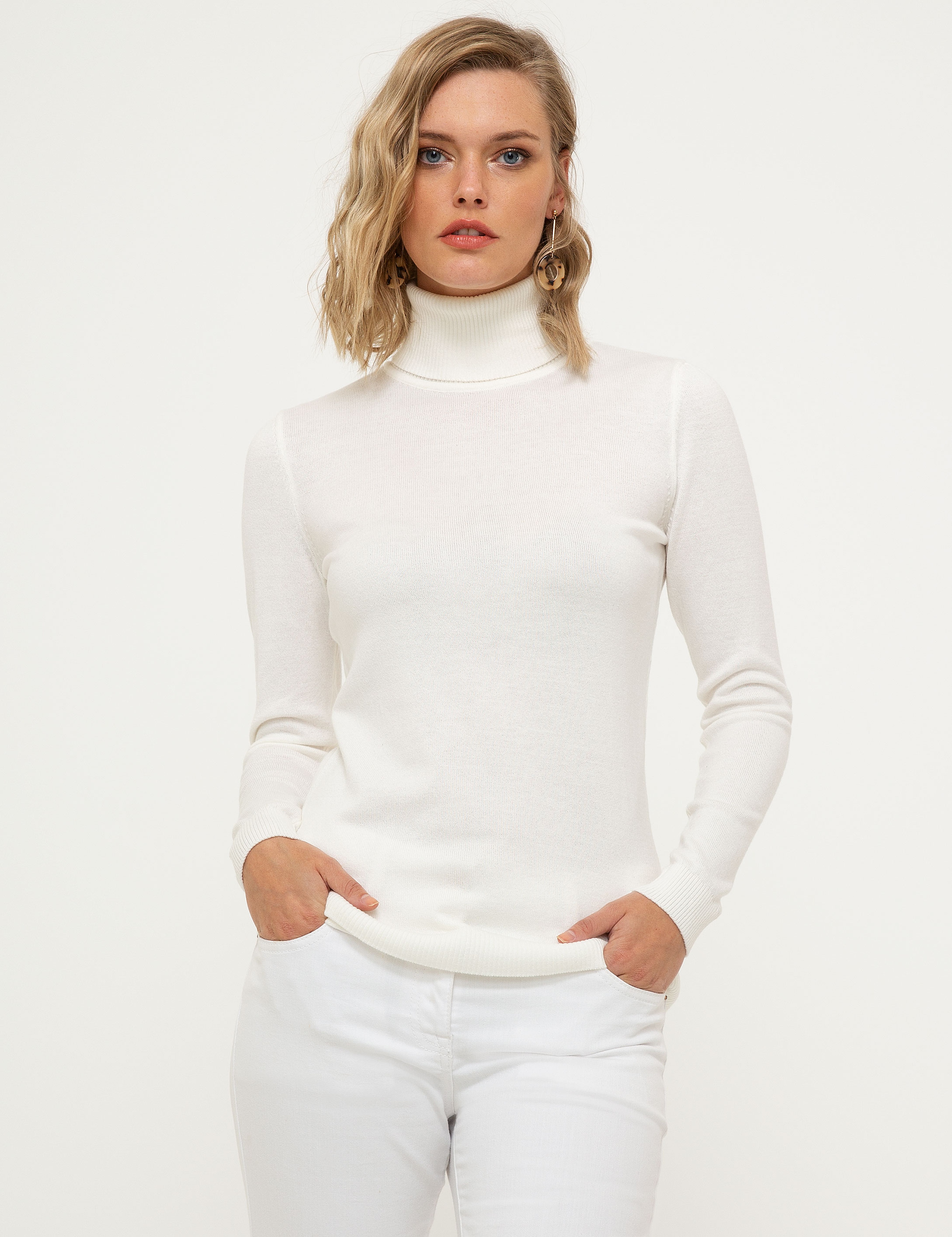 Ekru Slim Fit Balıkçı Yaka Triko Kazak - Image 1