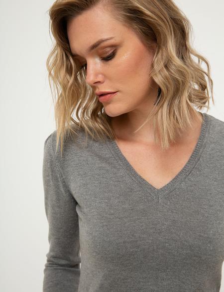 Açık Gri Slim Fit V Yaka Kazak - 50210425006