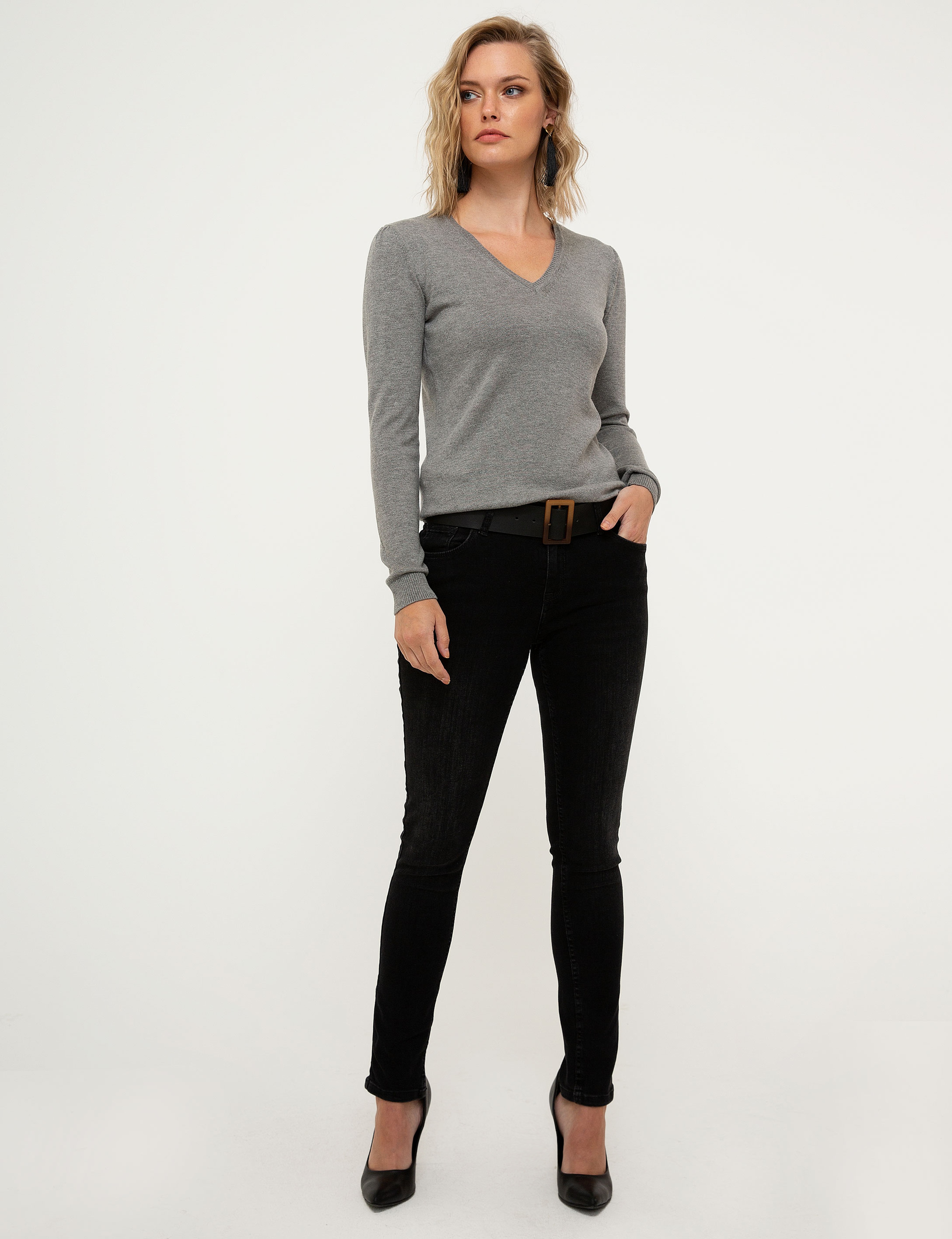 Açık Gri Slim Fit V Yaka Kazak