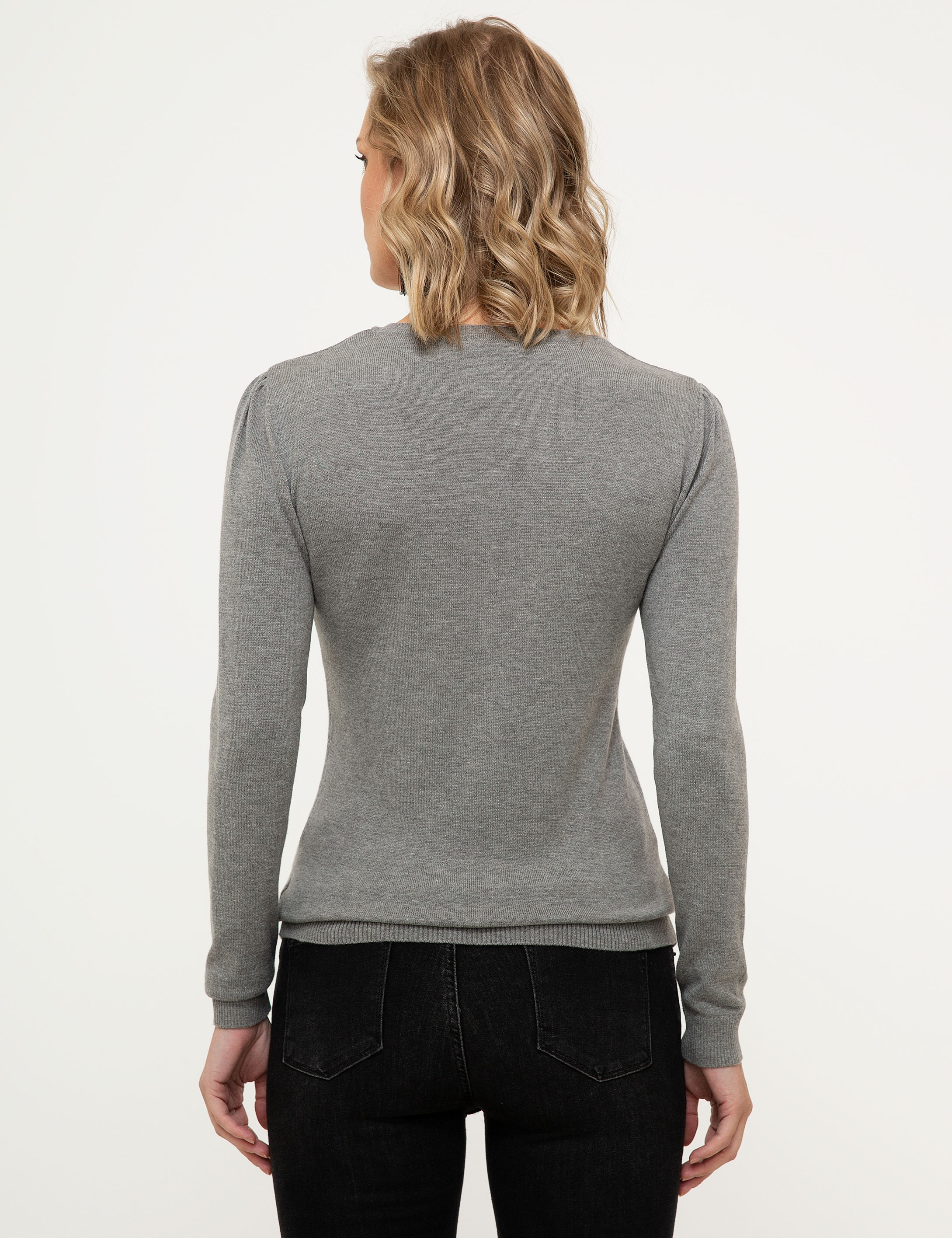 Açık Gri Slim Fit V Yaka Kazak - Image 4