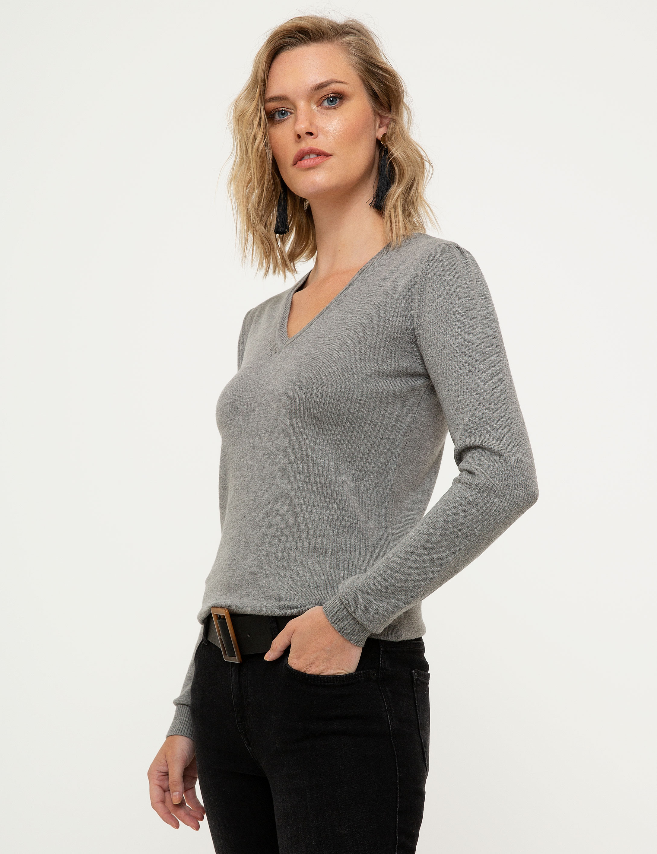 Açık Gri Slim Fit V Yaka Kazak - Image 3