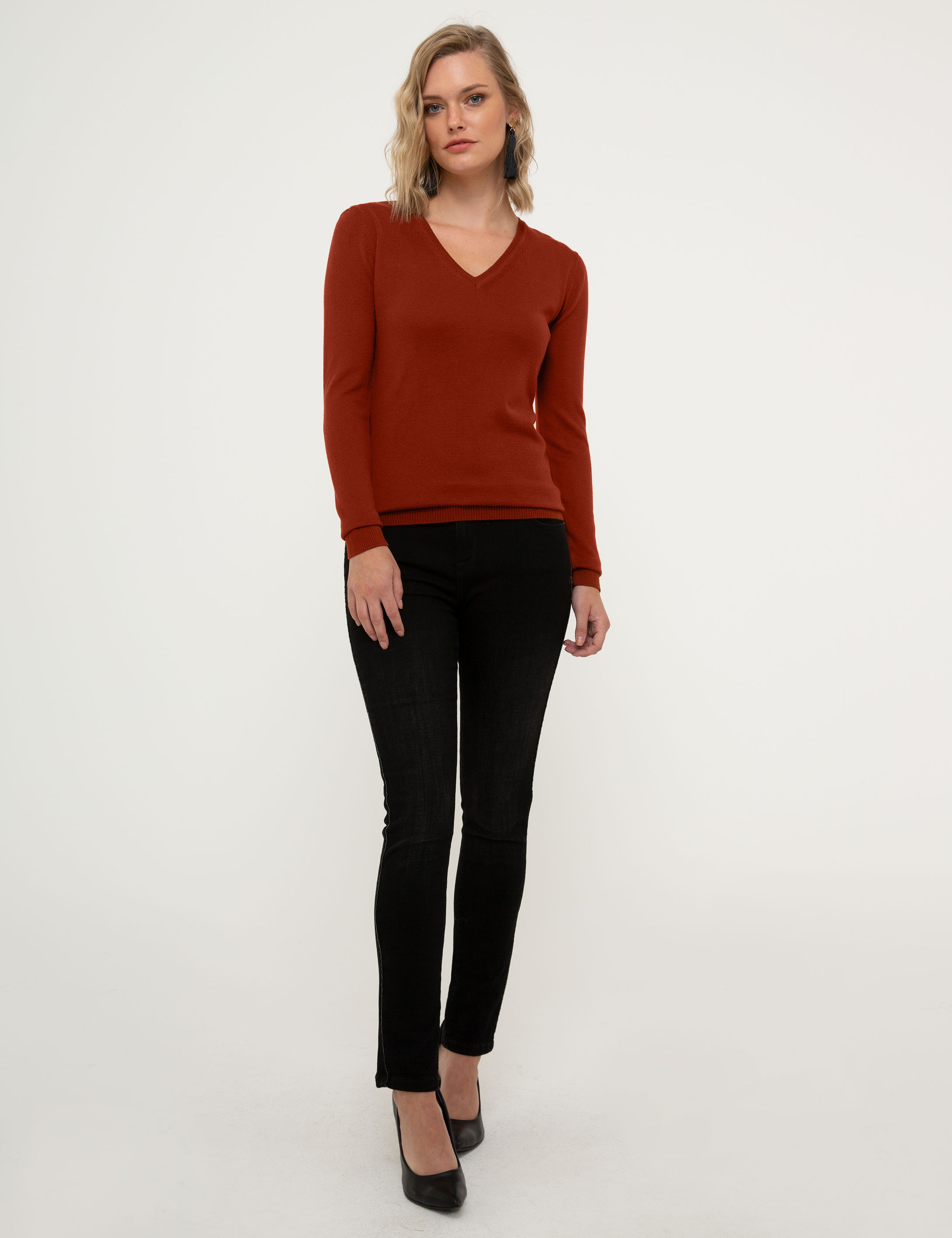 Kiremit Slim Fit V Yaka Kazak - Image 5