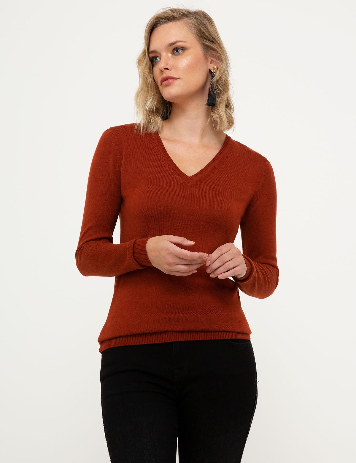 Kiremit Slim Fit V Yaka Kazak - 50210425021