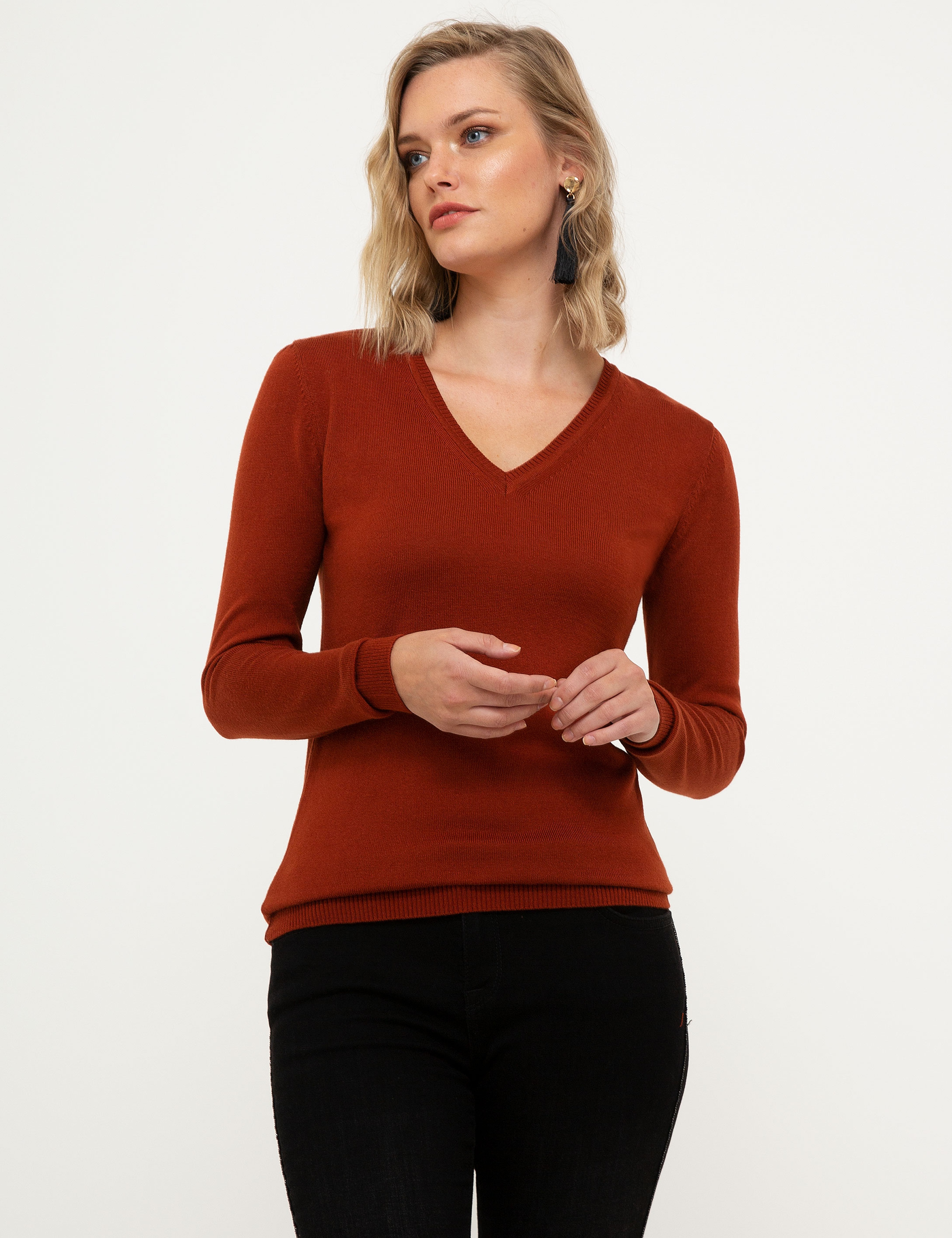 Kiremit Slim Fit V Yaka Kazak - Image 2