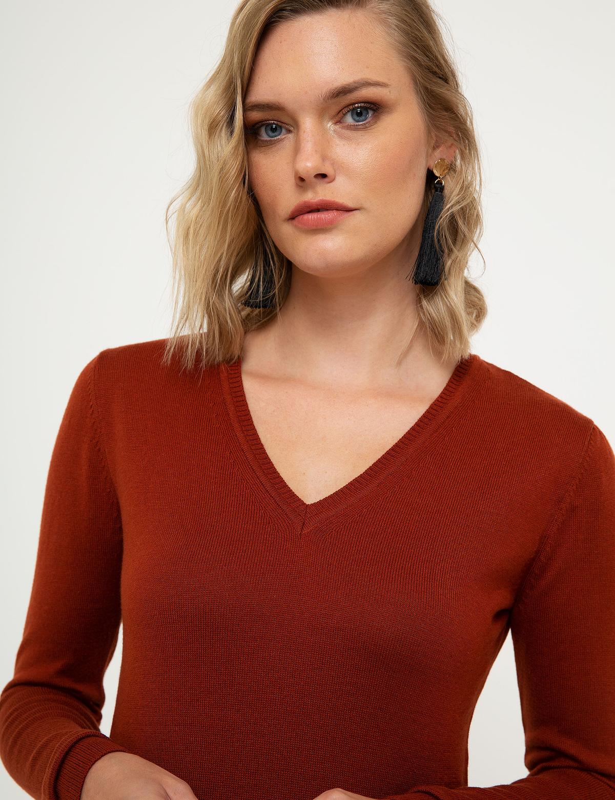 Kiremit Slim Fit V Yaka Kazak