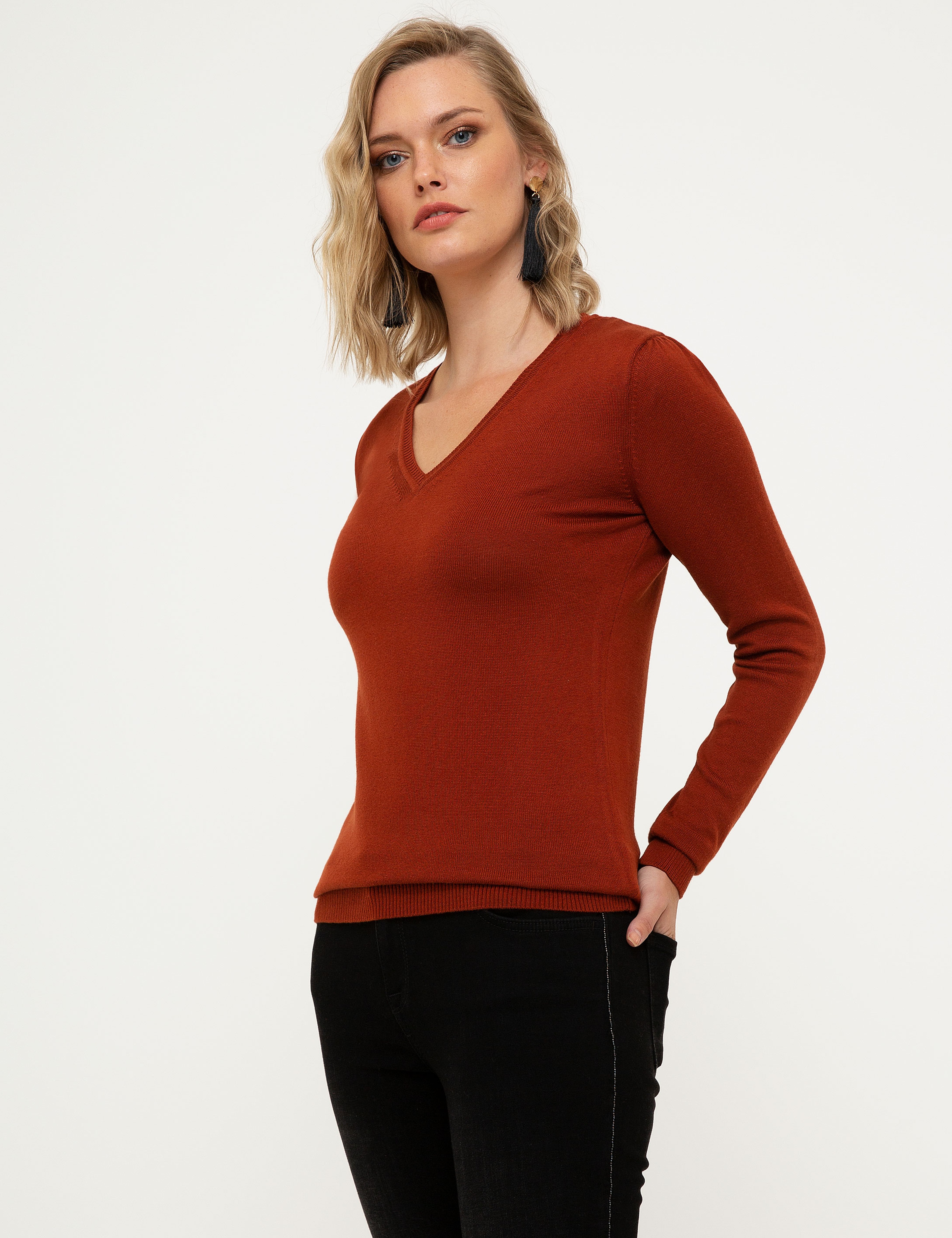 Kiremit Slim Fit V Yaka Kazak - Image 3