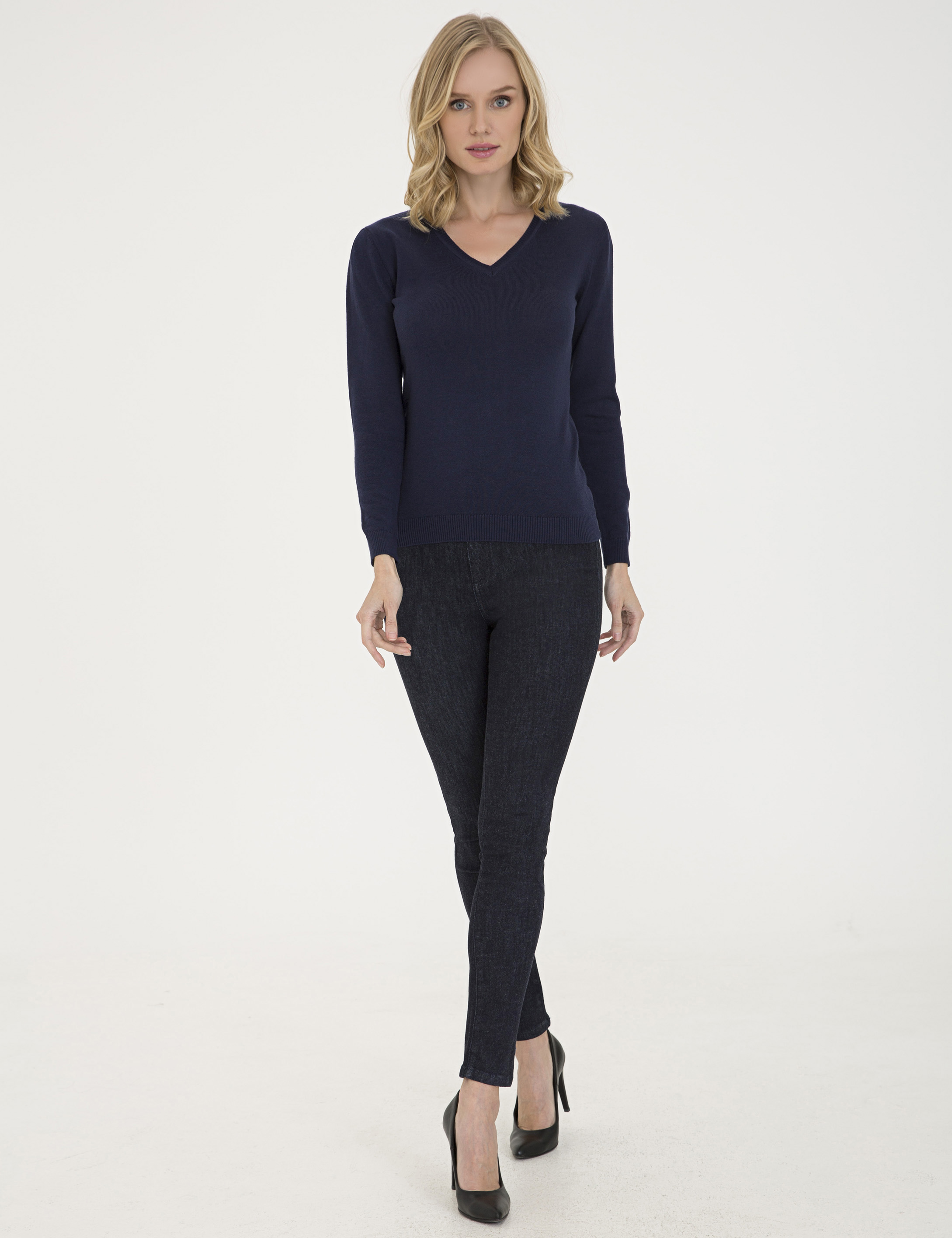 Lacivert Slim Fit V Yaka Kazak - Image 5