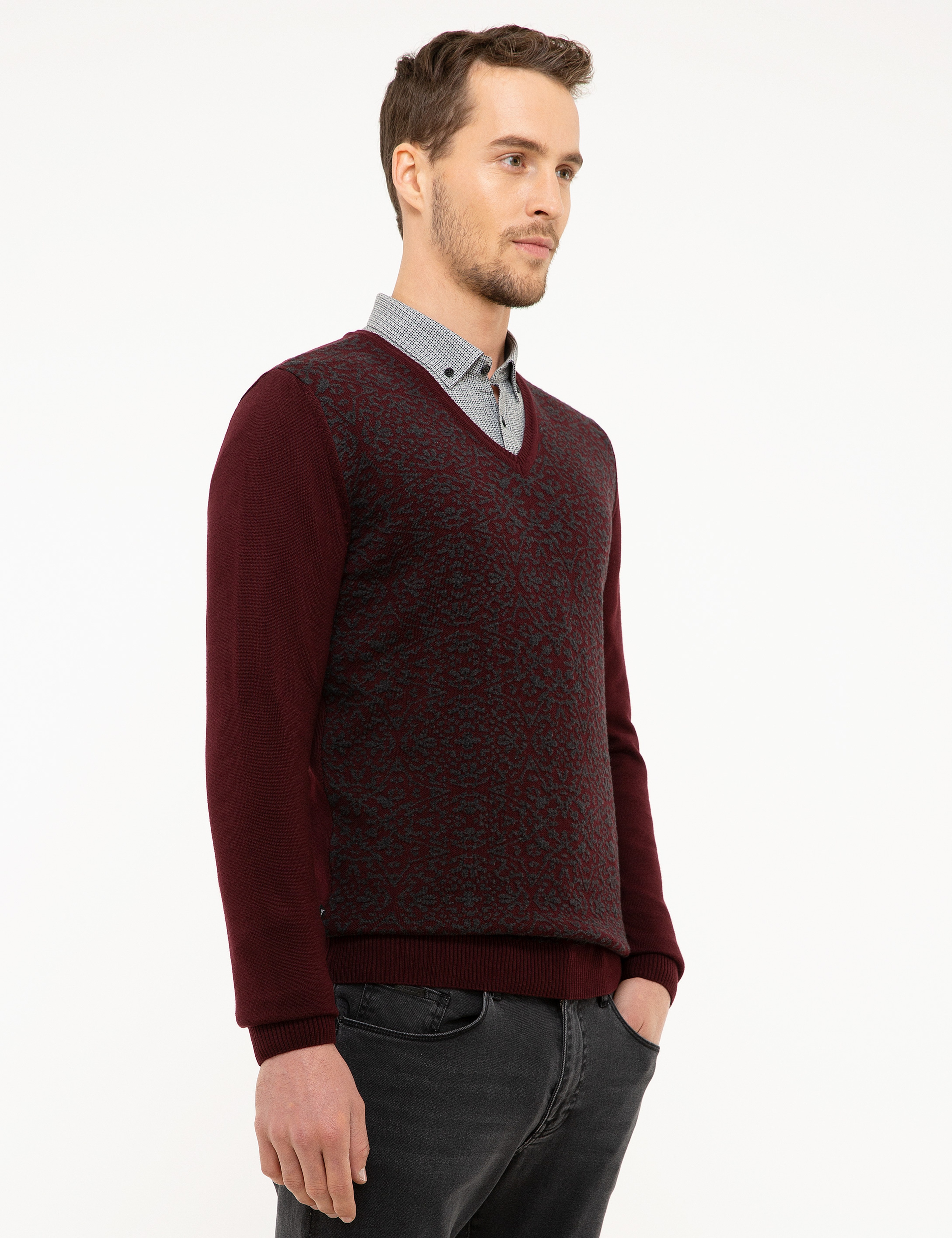 Bordo Slim Fit V Yaka Triko Kazak - Image 3