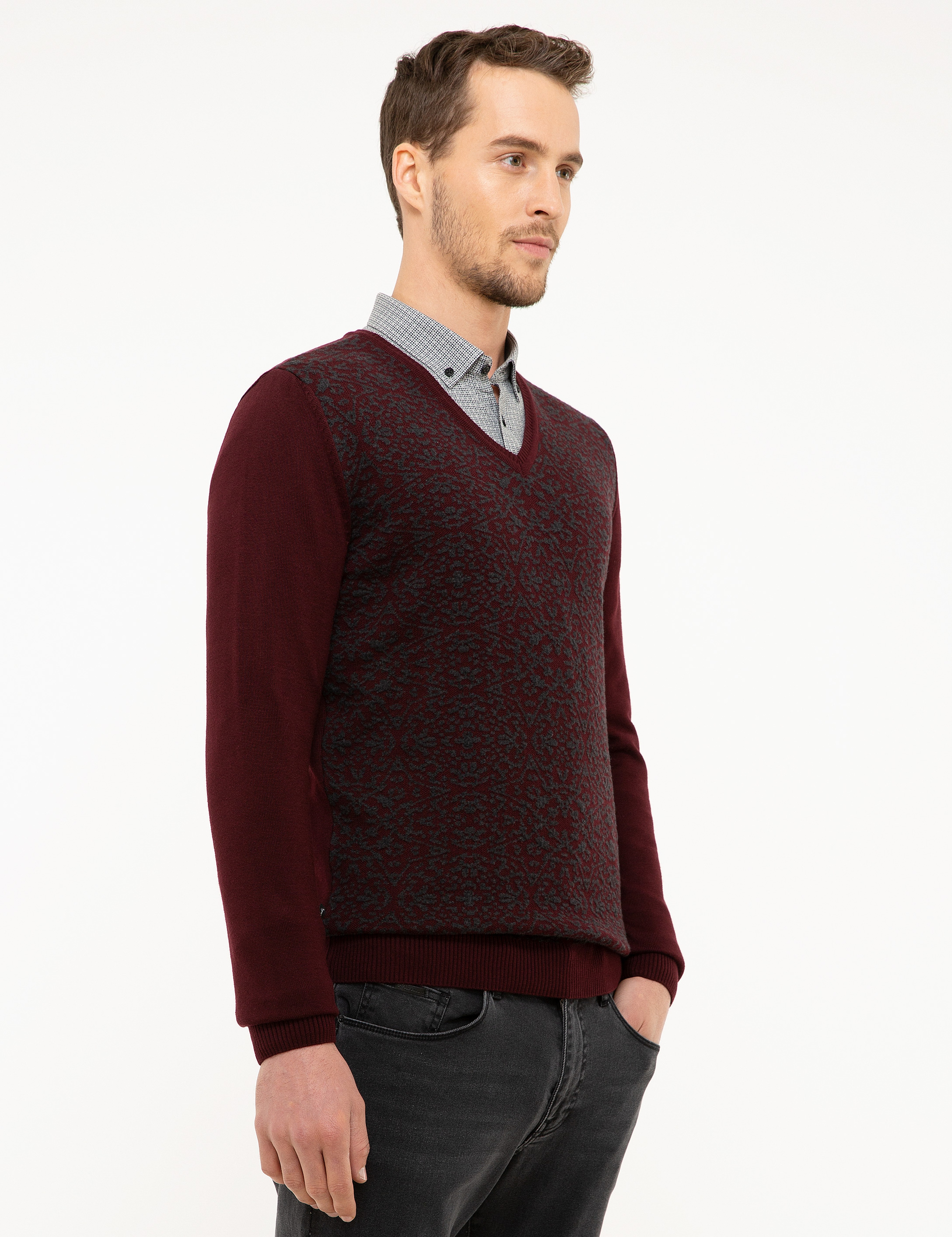 Bordo Slim Fit V Yaka Triko Kazak