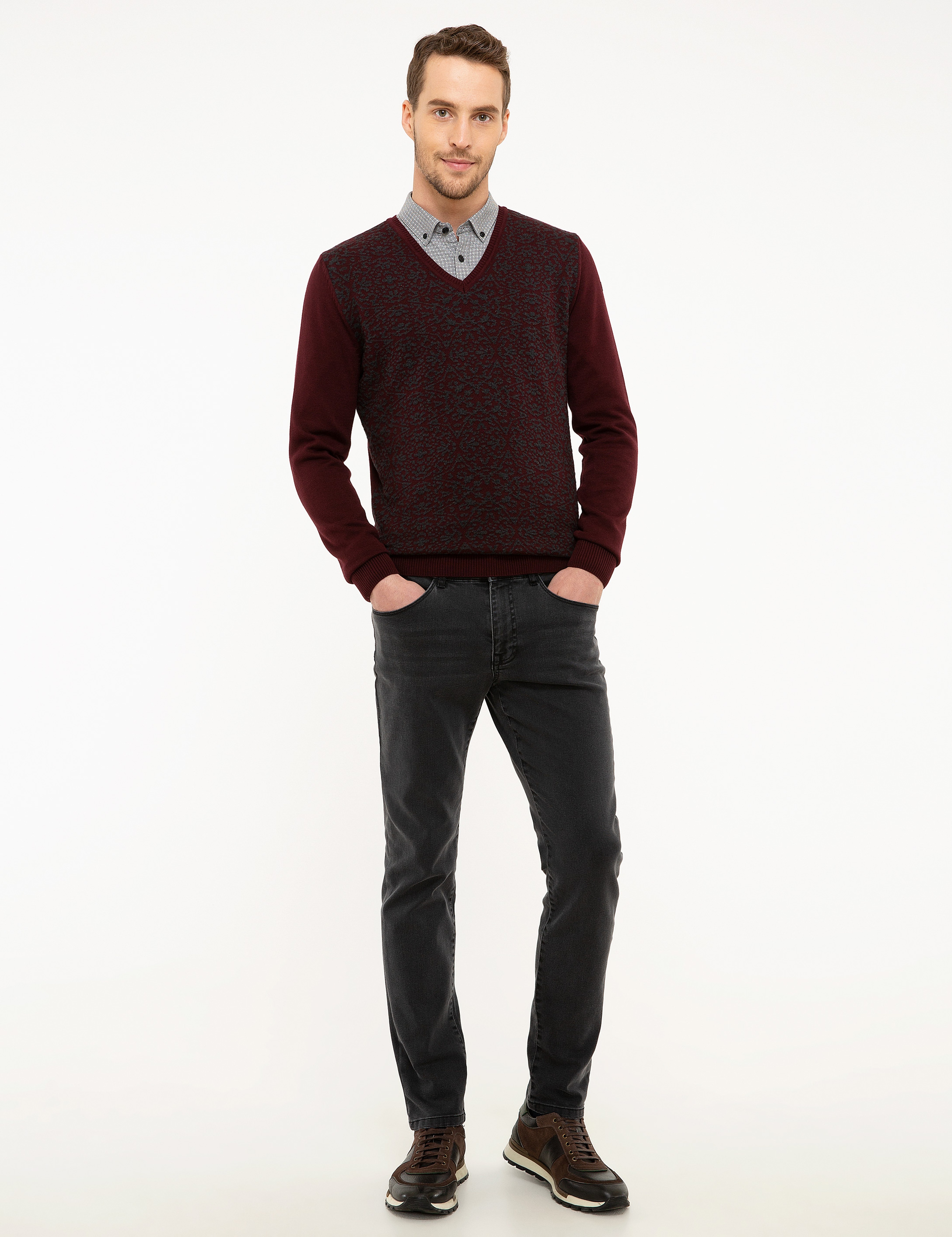 Bordo Slim Fit V Yaka Triko Kazak - Image 5