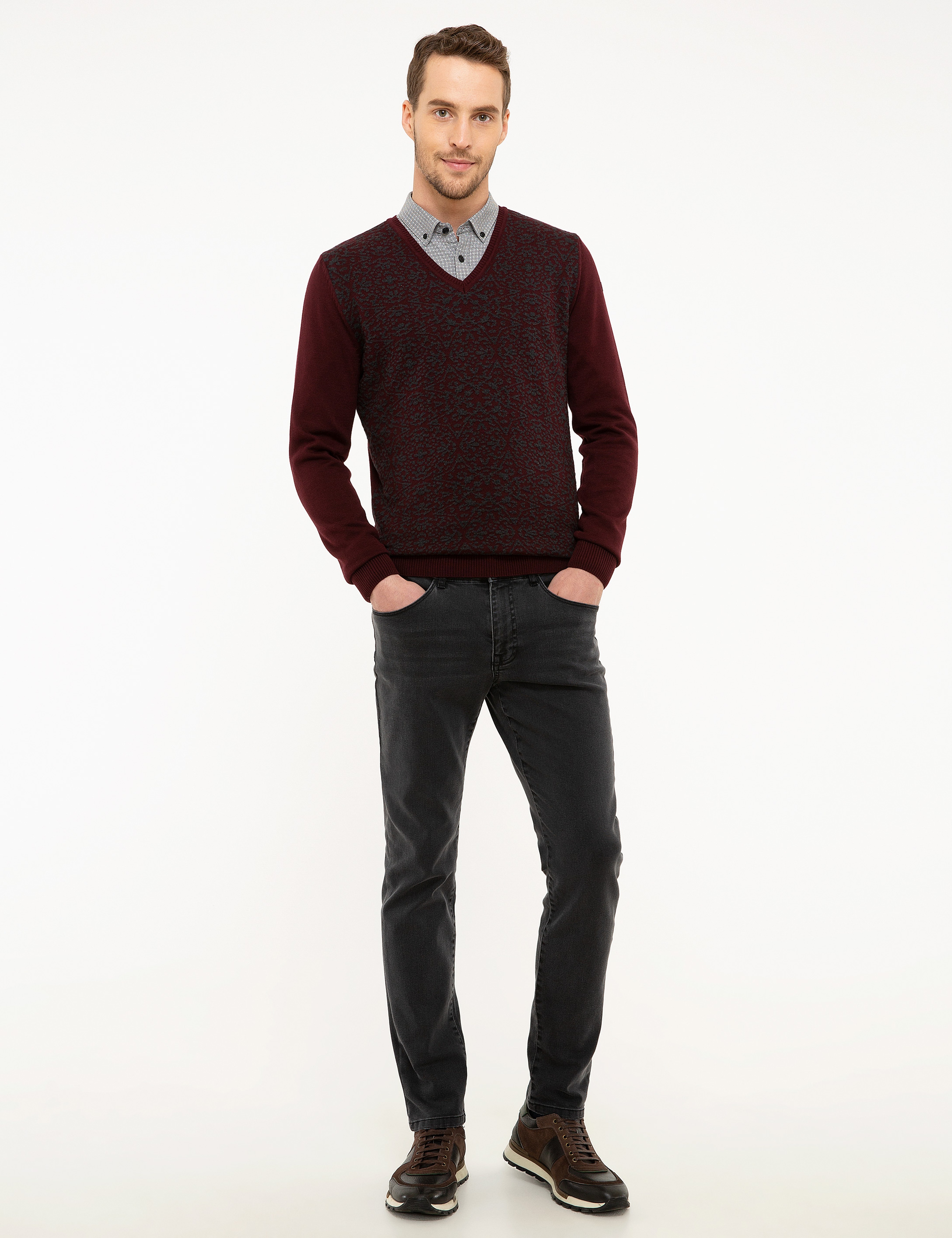 Bordo Slim Fit V Yaka Triko Kazak