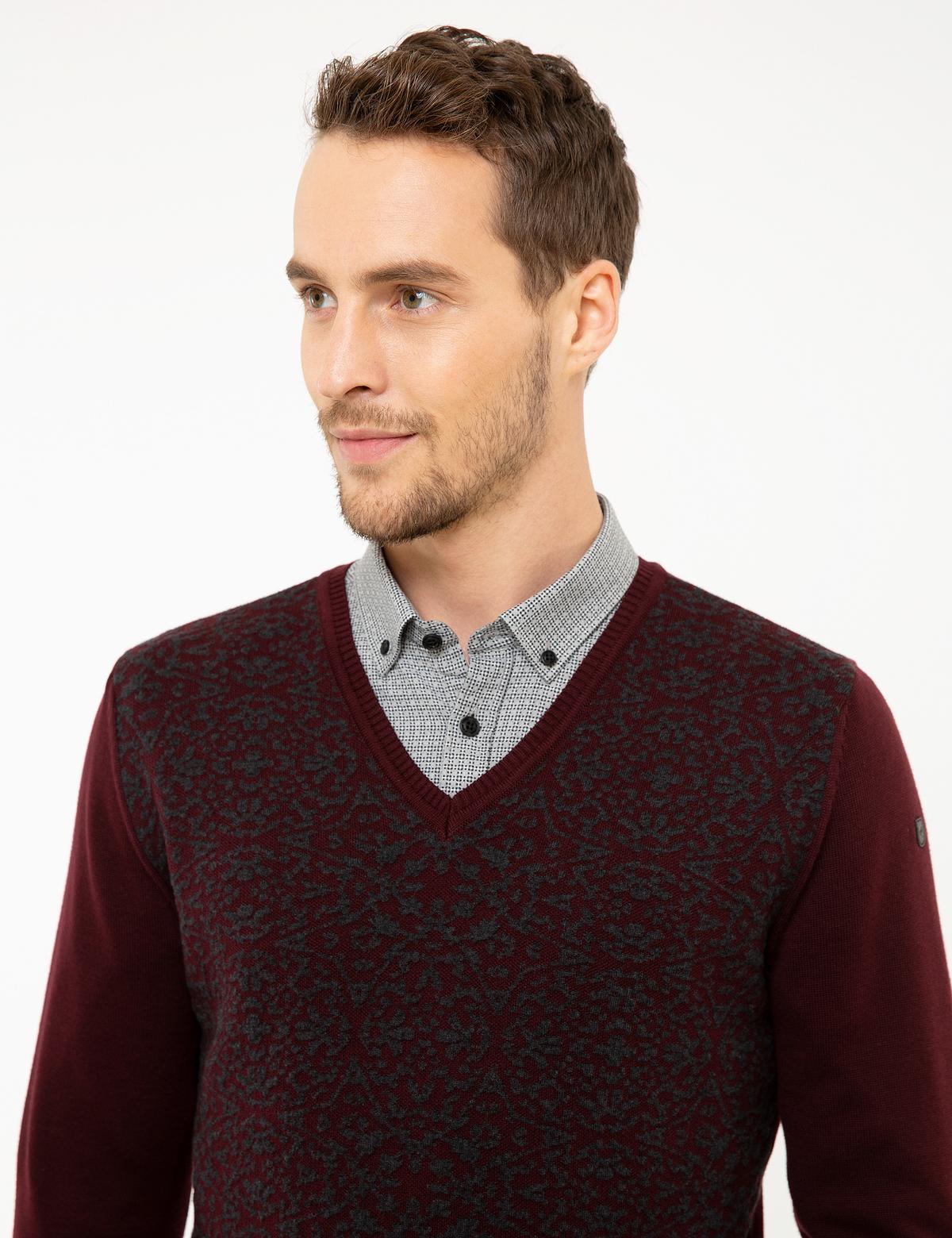 Bordo Slim Fit V Yaka Triko Kazak