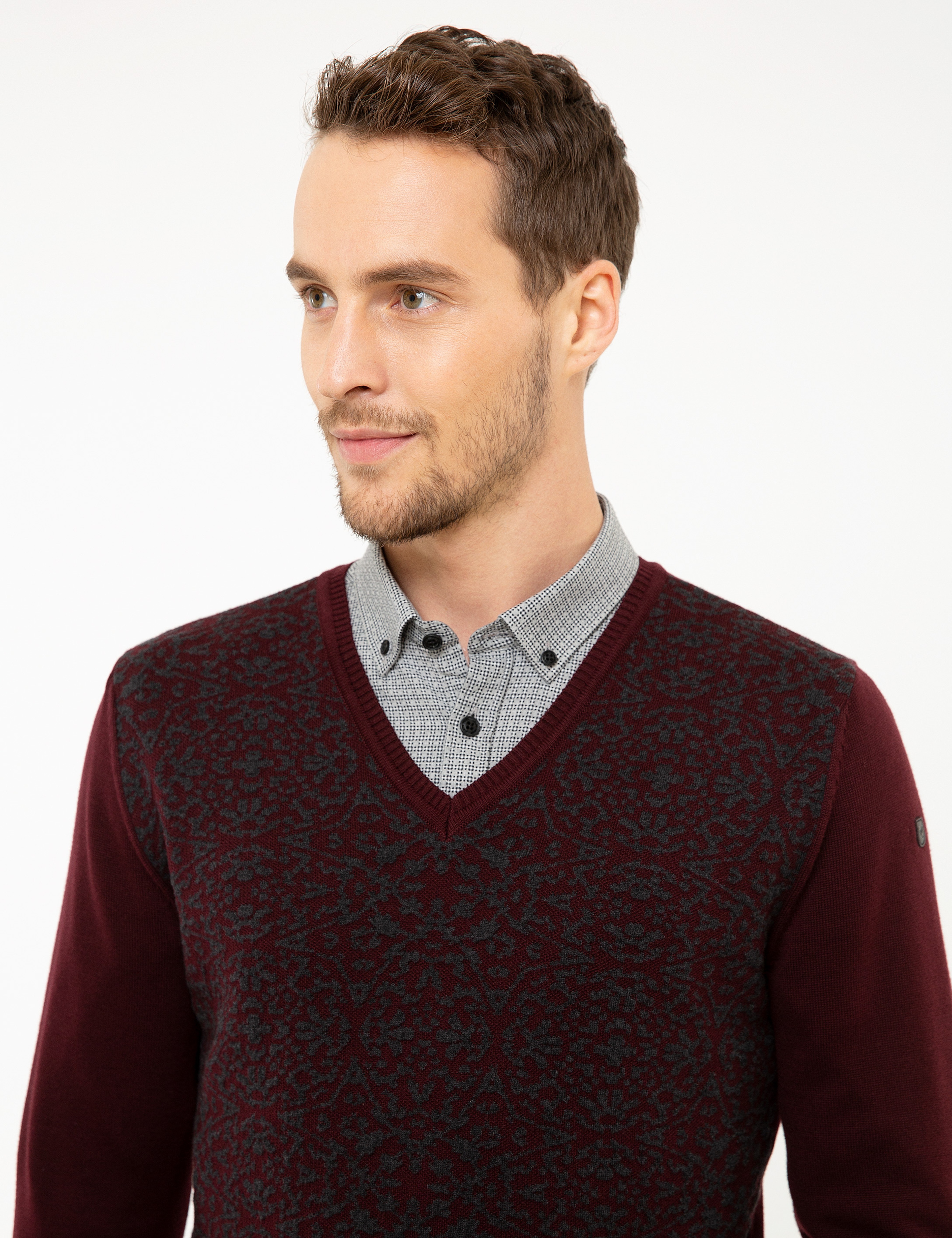 Bordo Slim Fit V Yaka Triko Kazak