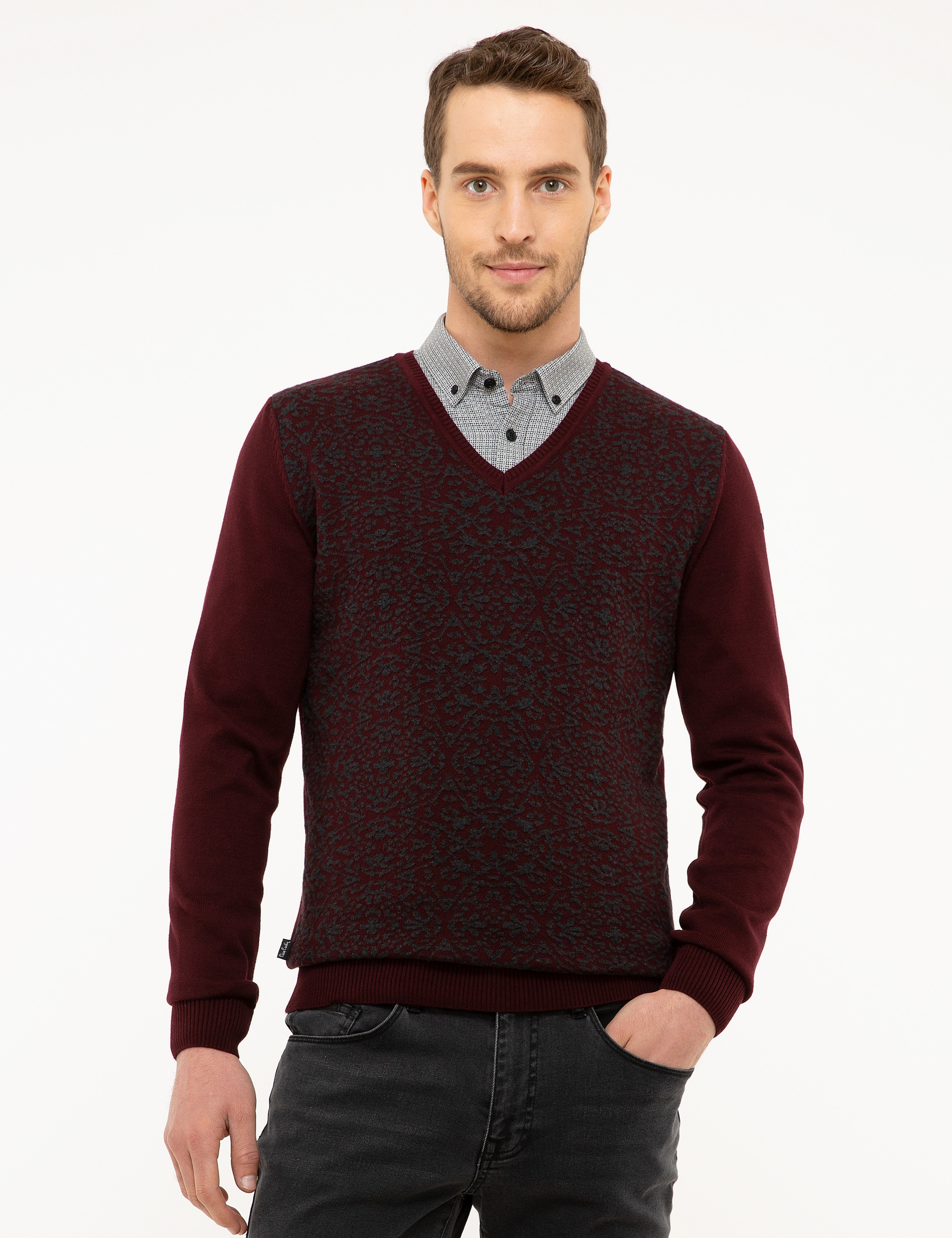Bordo Slim Fit V Yaka Triko Kazak