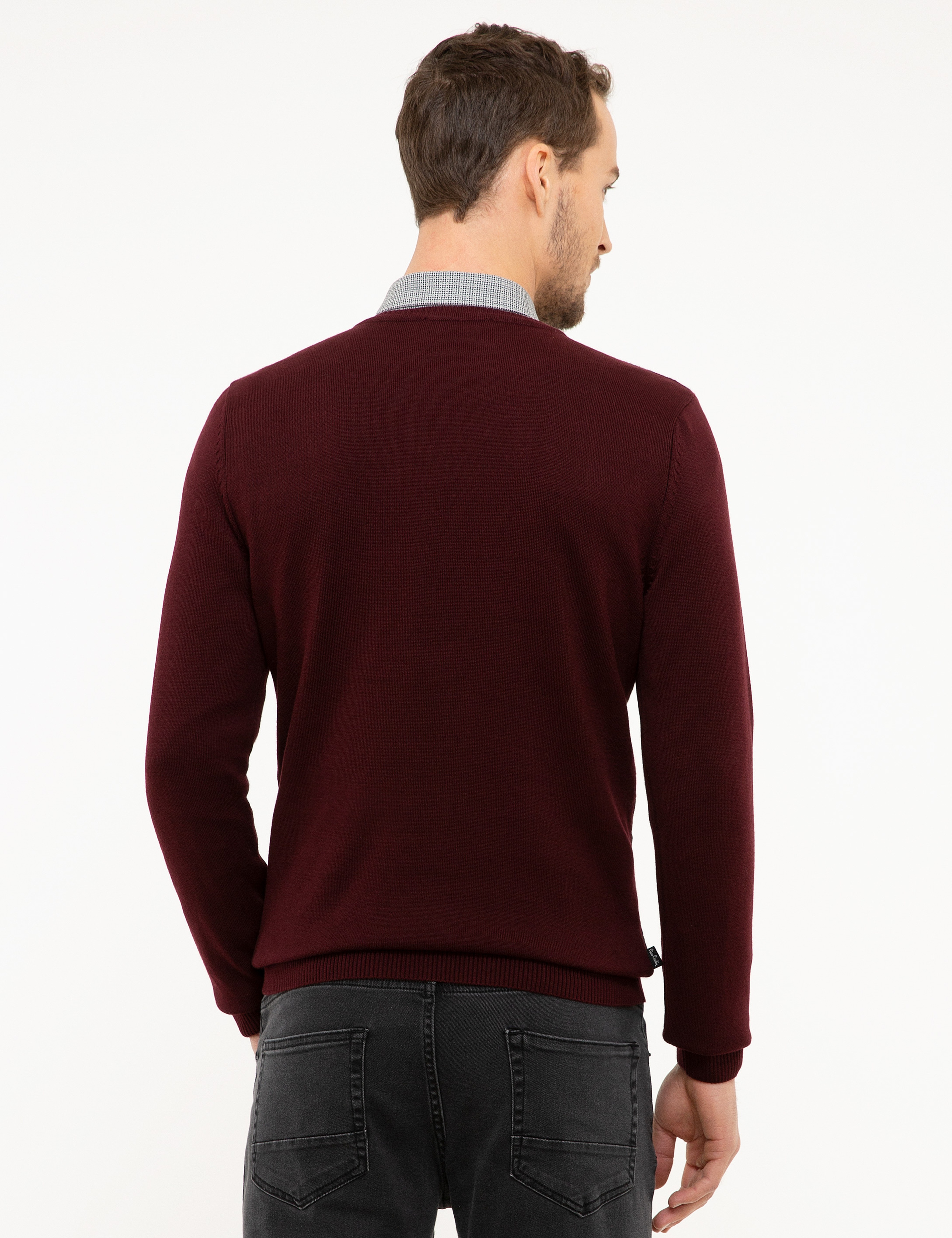 Bordo Slim Fit V Yaka Triko Kazak
