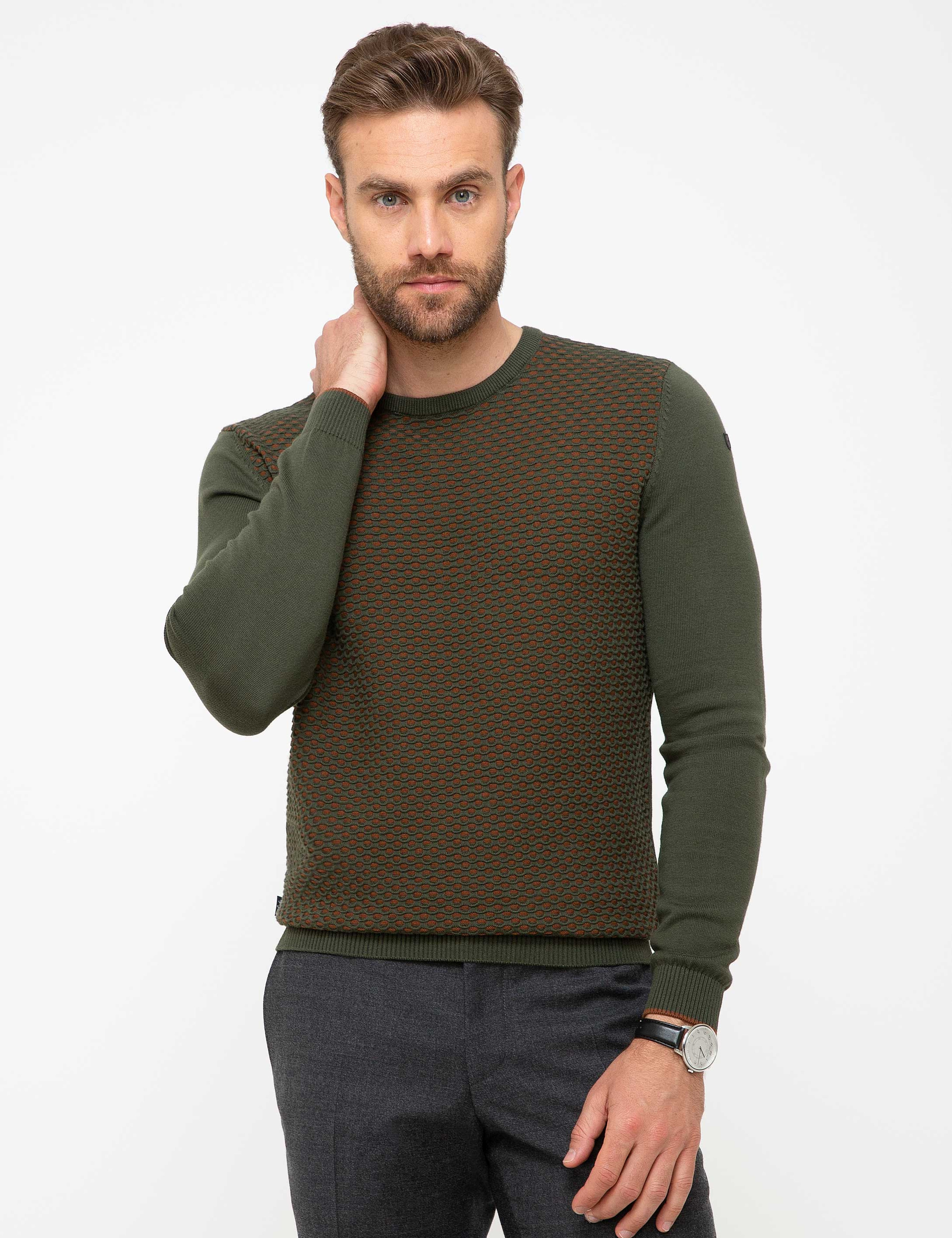 Haki Slim Fit Kazak - Image 1