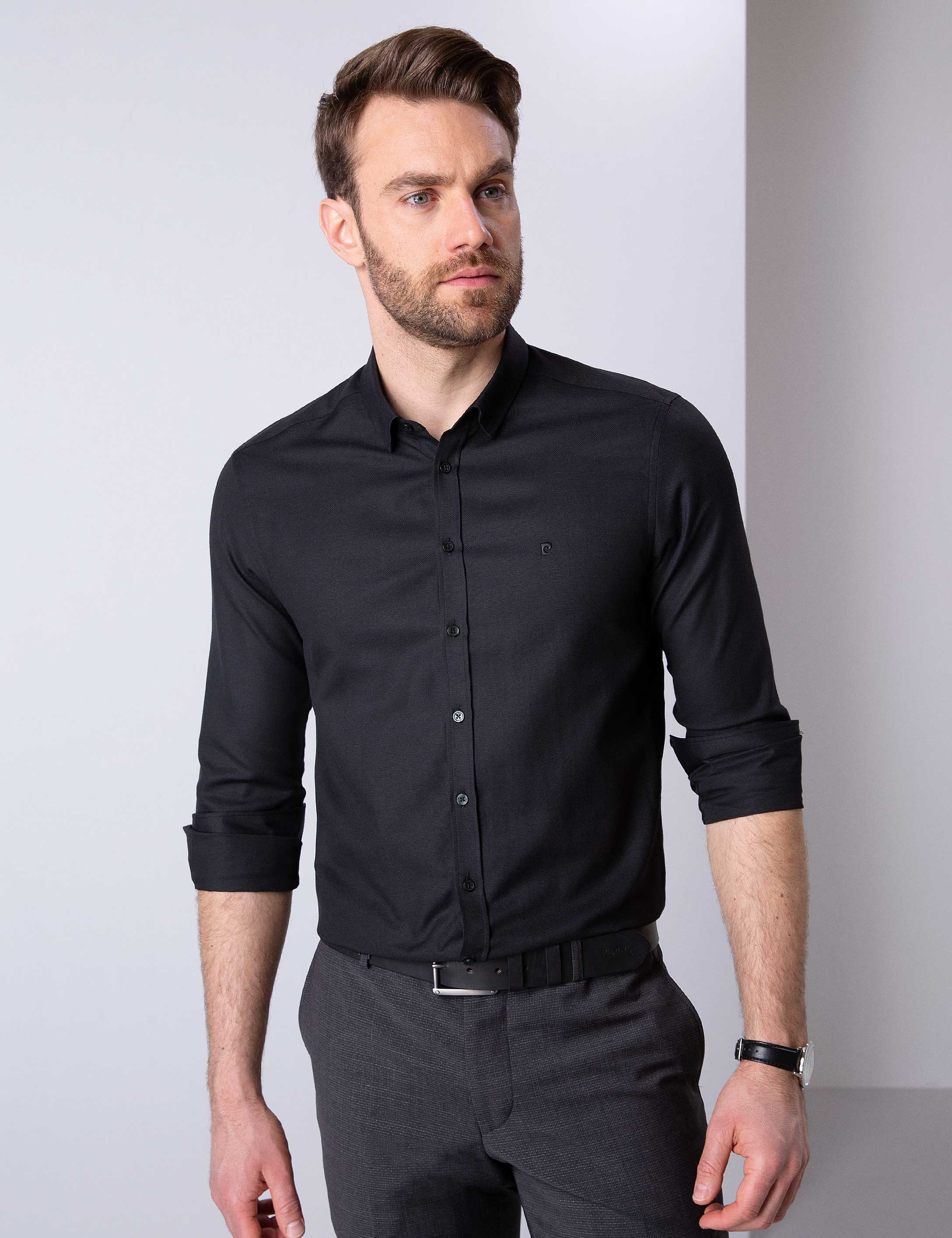 Siyah Slim Fit Oxford Gömlek