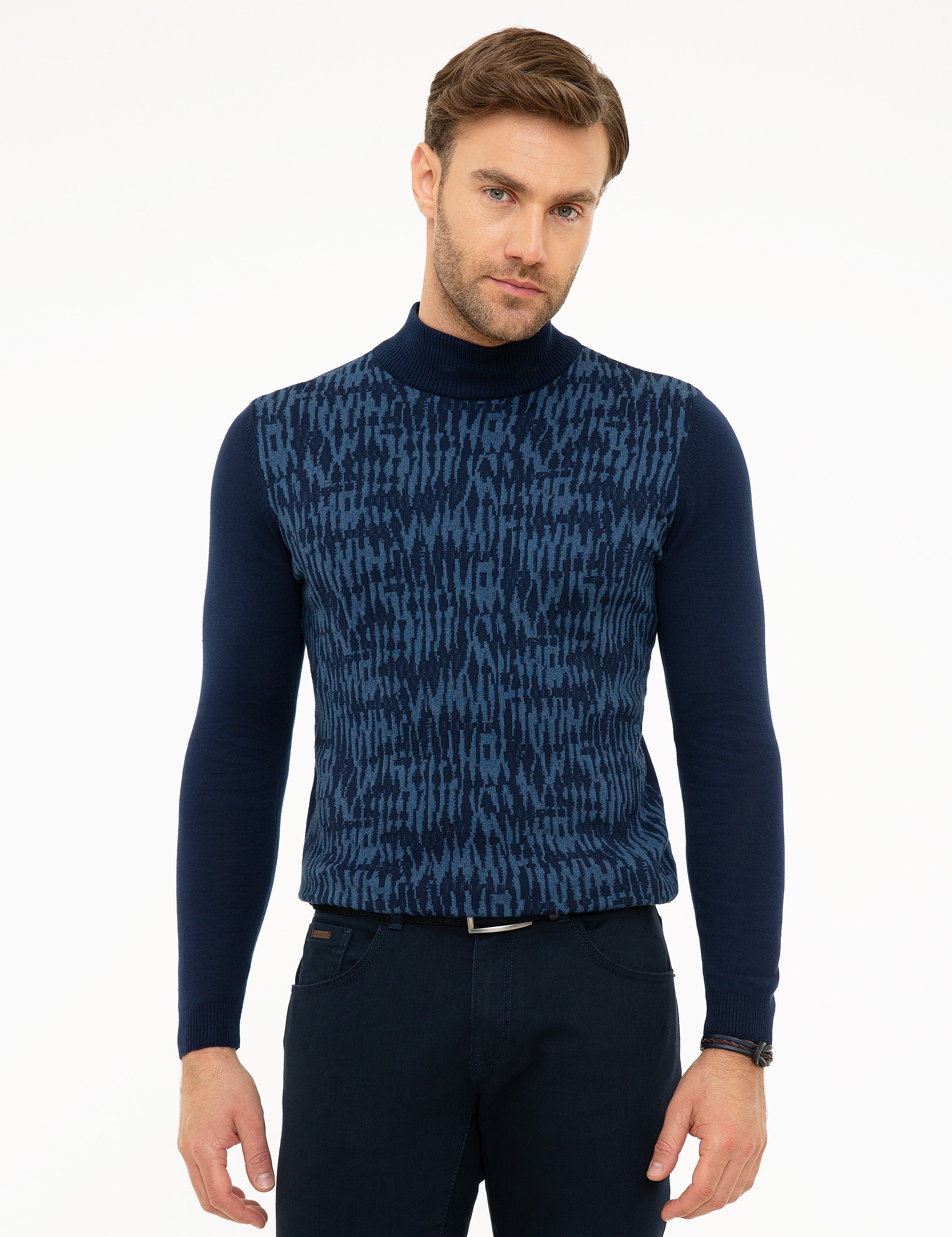 Lacivert Slim Fit Yarım Balıkçı Yaka Triko Kazak