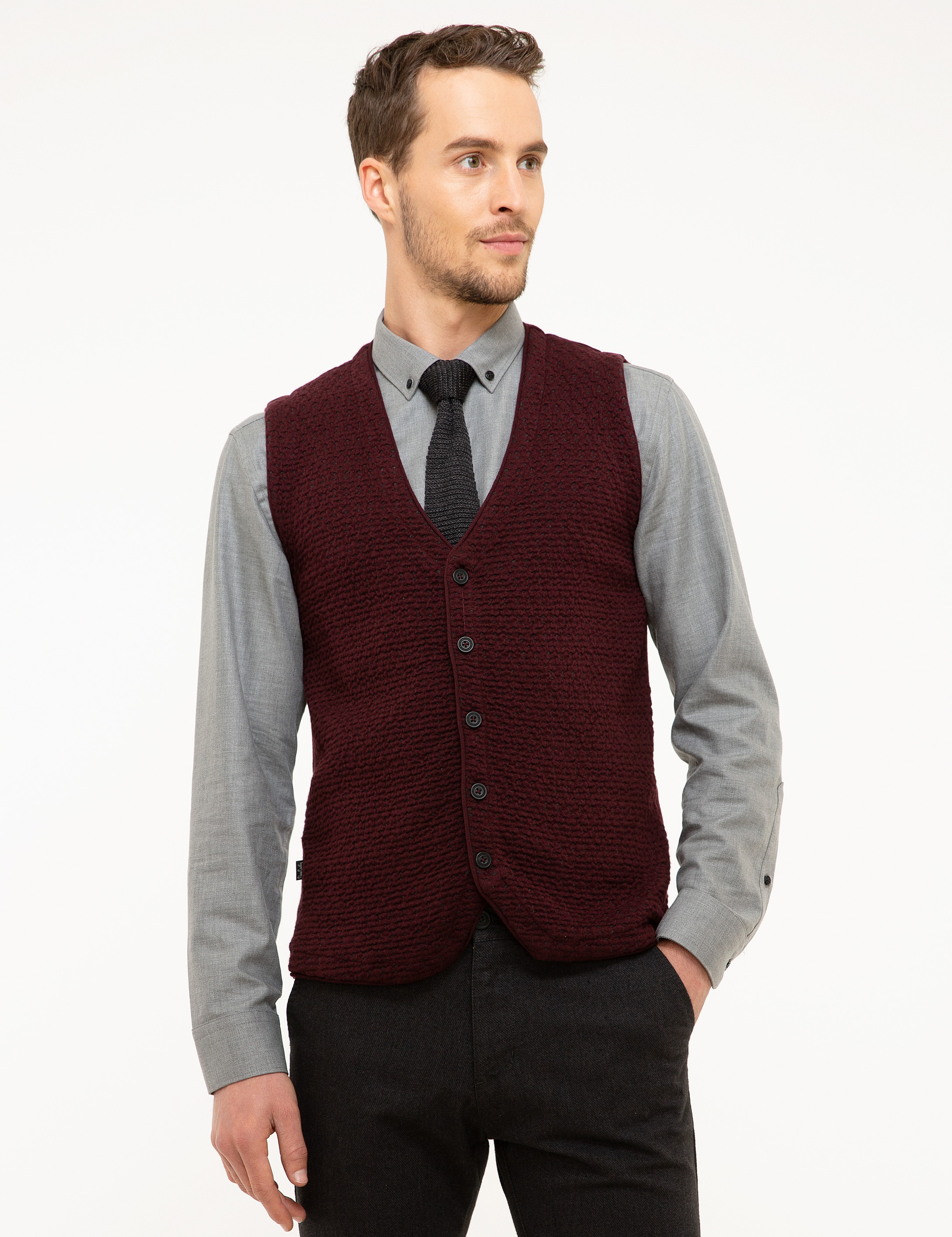 Bordo Slim Fit Triko Yelek - Image 2