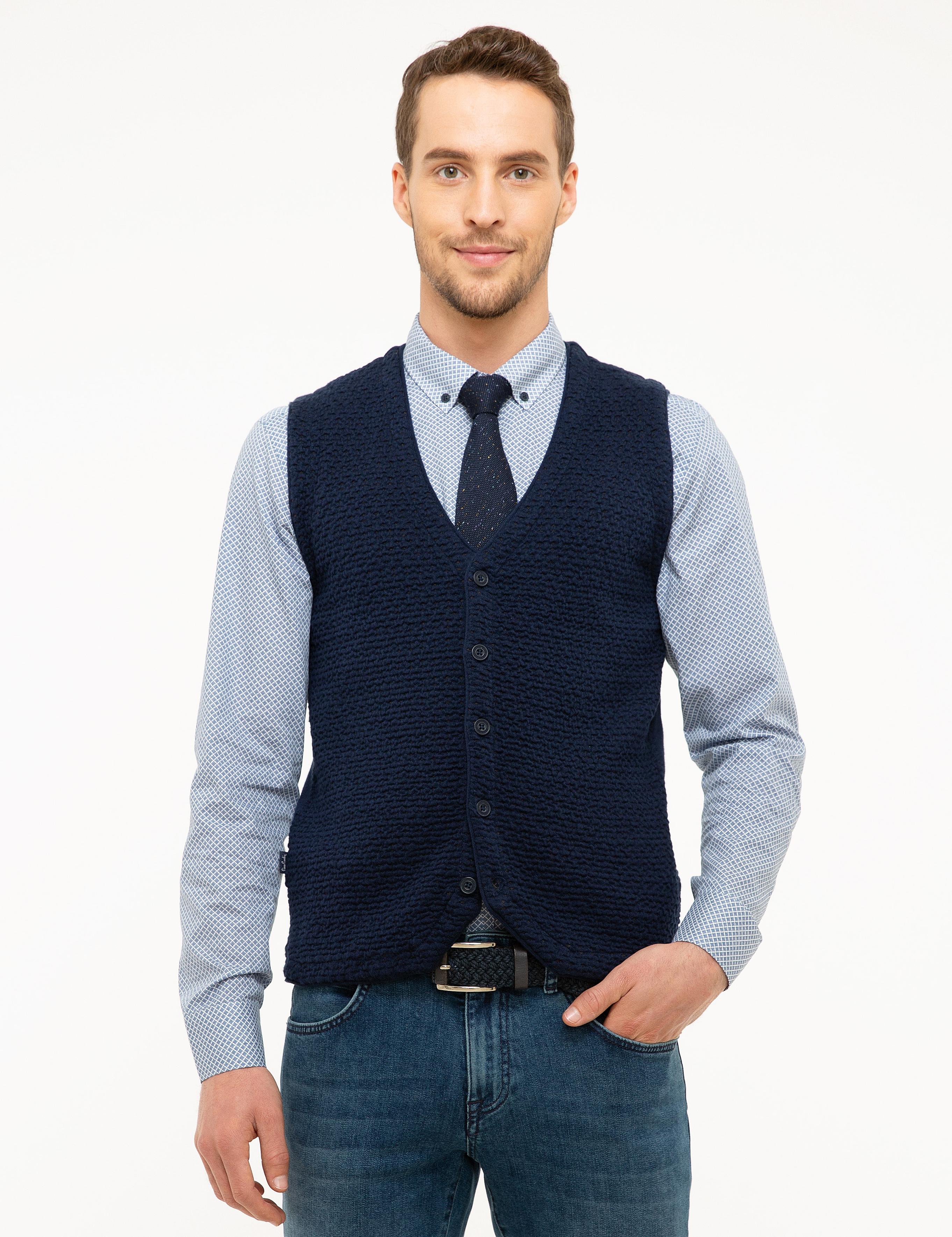 Lacivert Slim Fit Triko Yelek